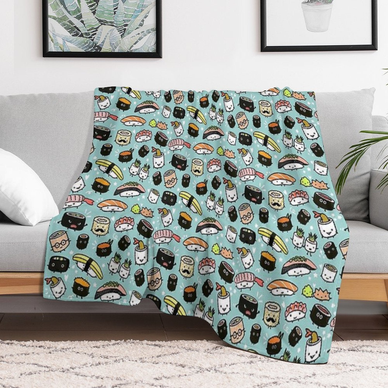 Cute Sushi Pattern  Kawaii Sushi Characters Eco-conscious Throw Blanket