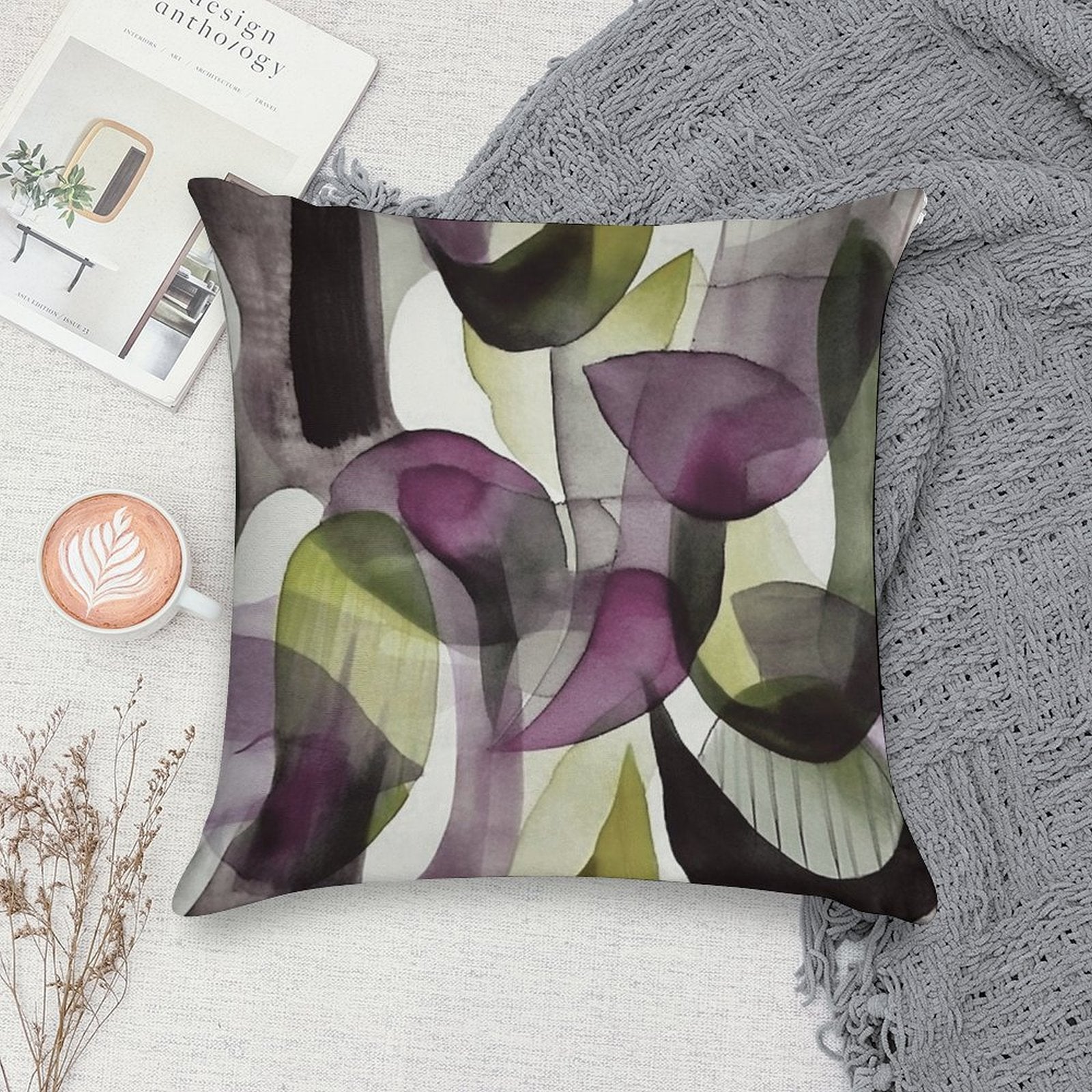 Abstract Watercolor in Purple And Green Soft Shrink-Resistant Throw Pillow