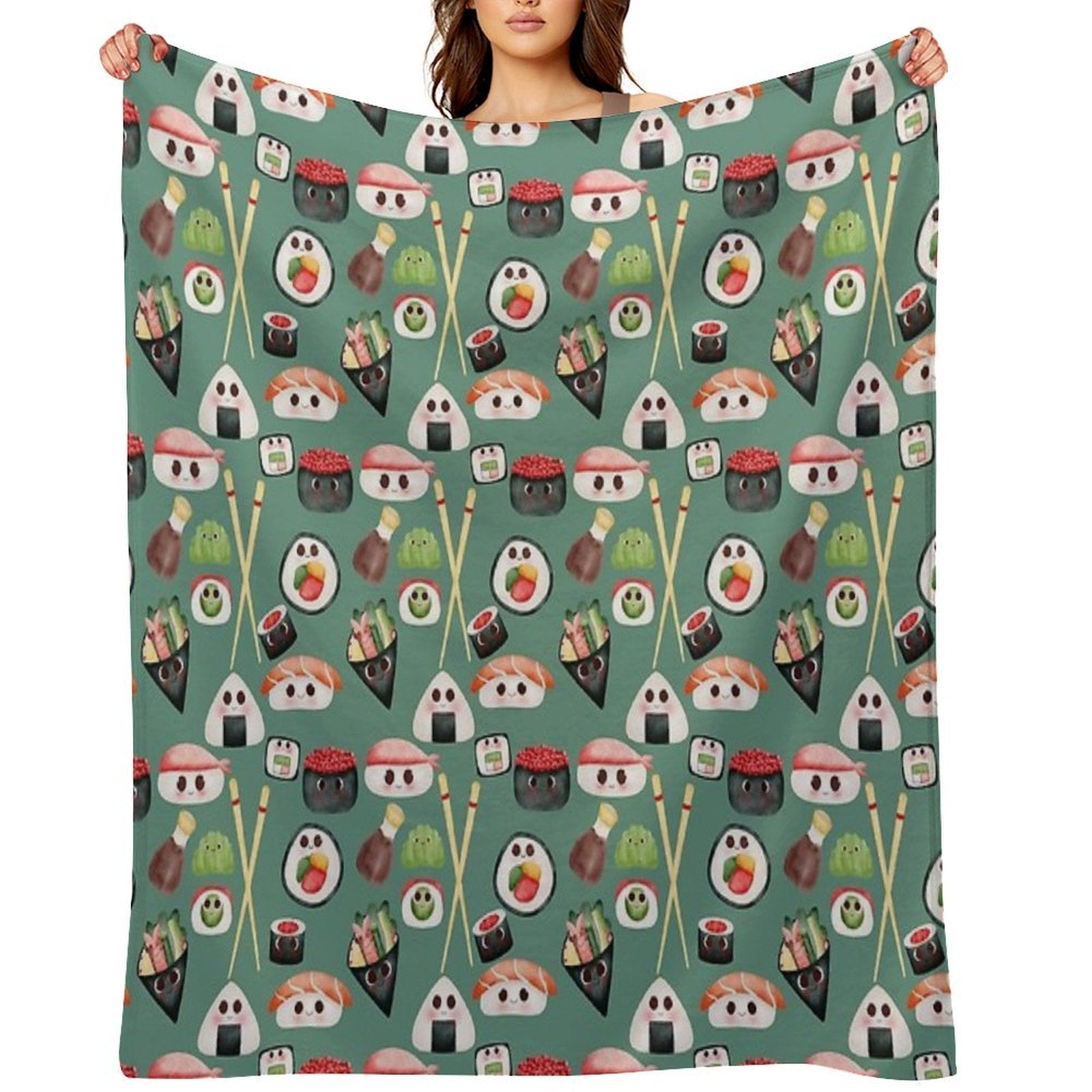 Kawaii Sushi Squad – Cute Japanese Food Illustration Plush Throw Blanket