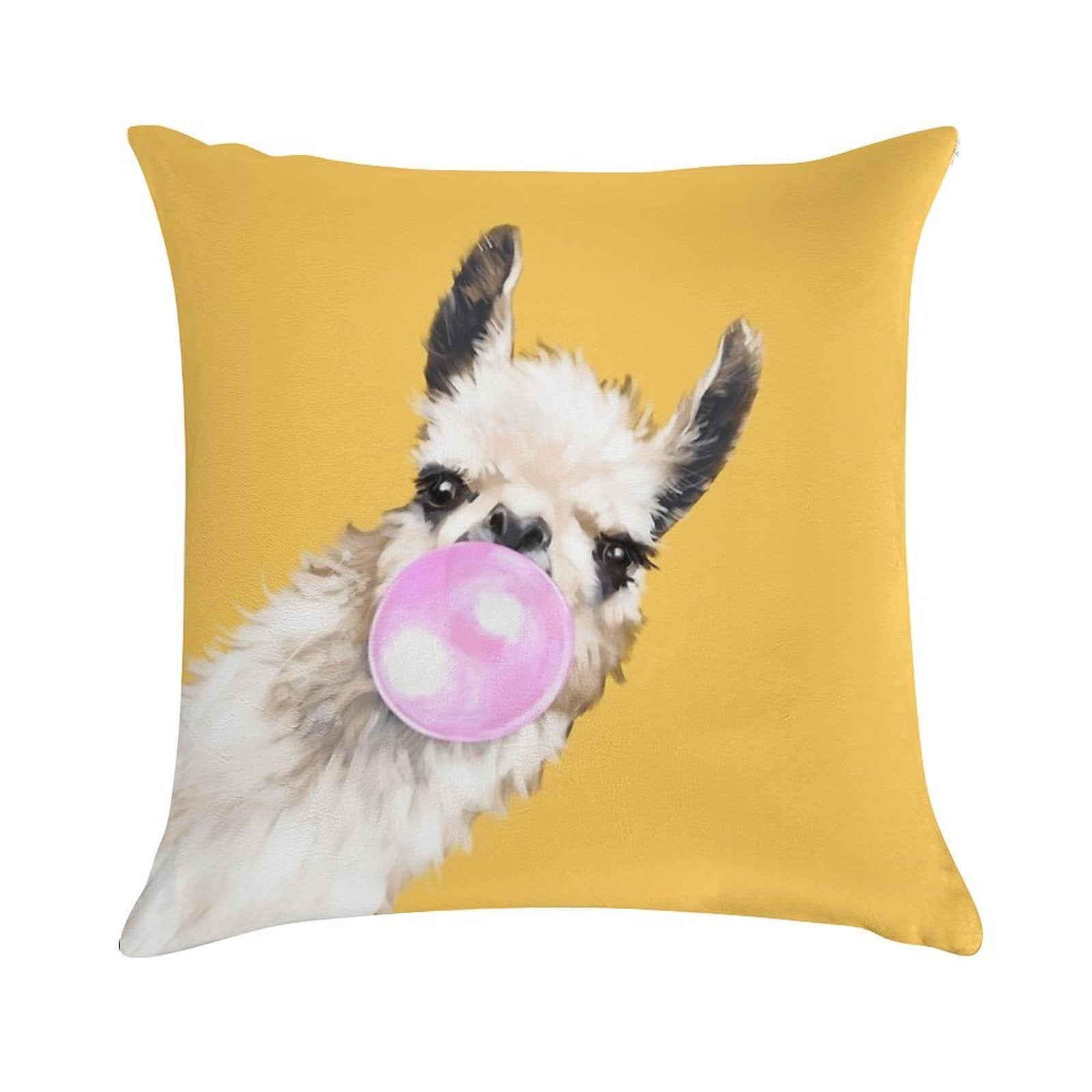 Bubble Gum Sneaky Llama in Mustard Yellow Soft Home Decor Throw Pillow