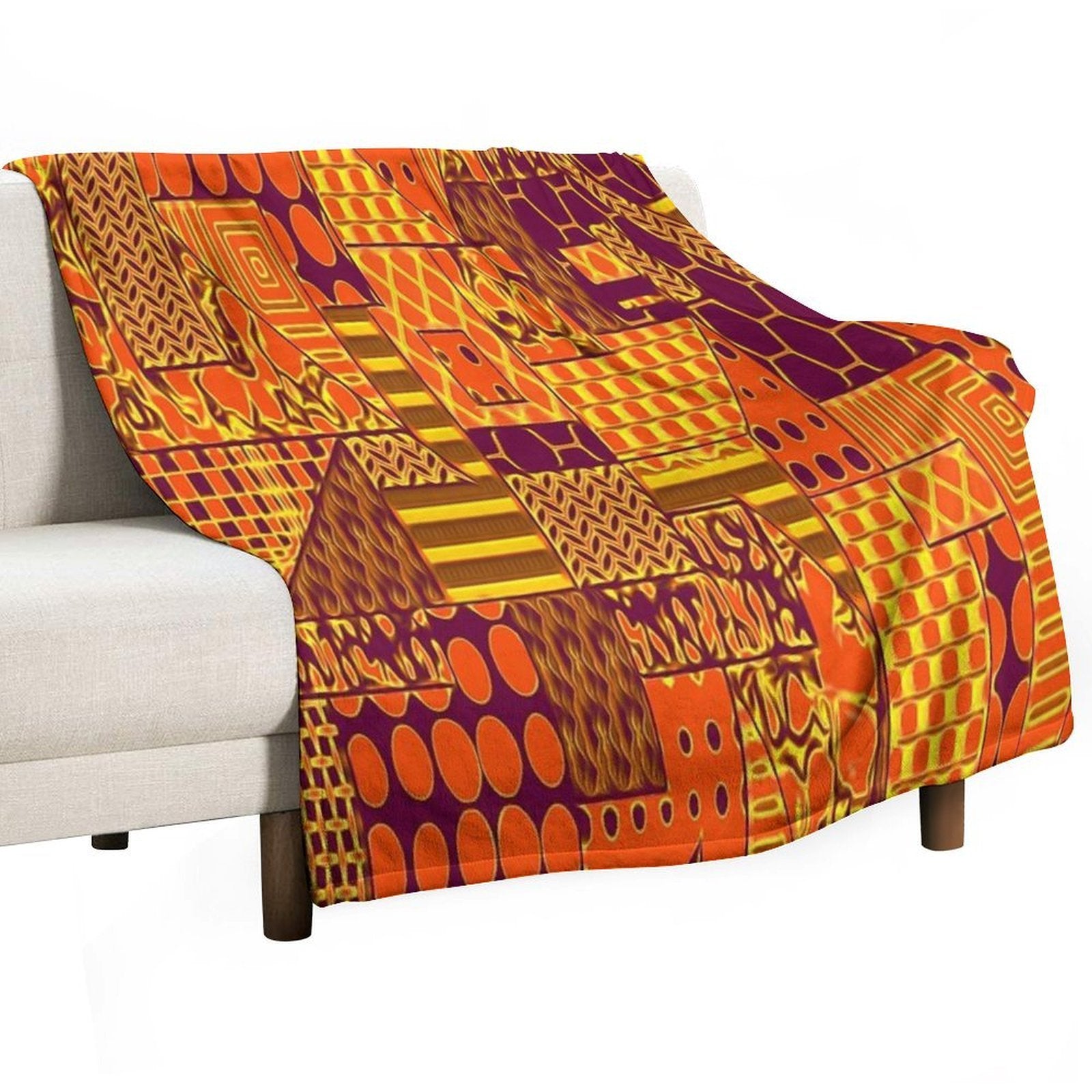 PURPLE AND ORANGE PATCHWORK DIGITAL QUILT STYLE WITH VARIOUS PATTERNS WITHIN THE DESIGN Machine-washable Throw Blanket