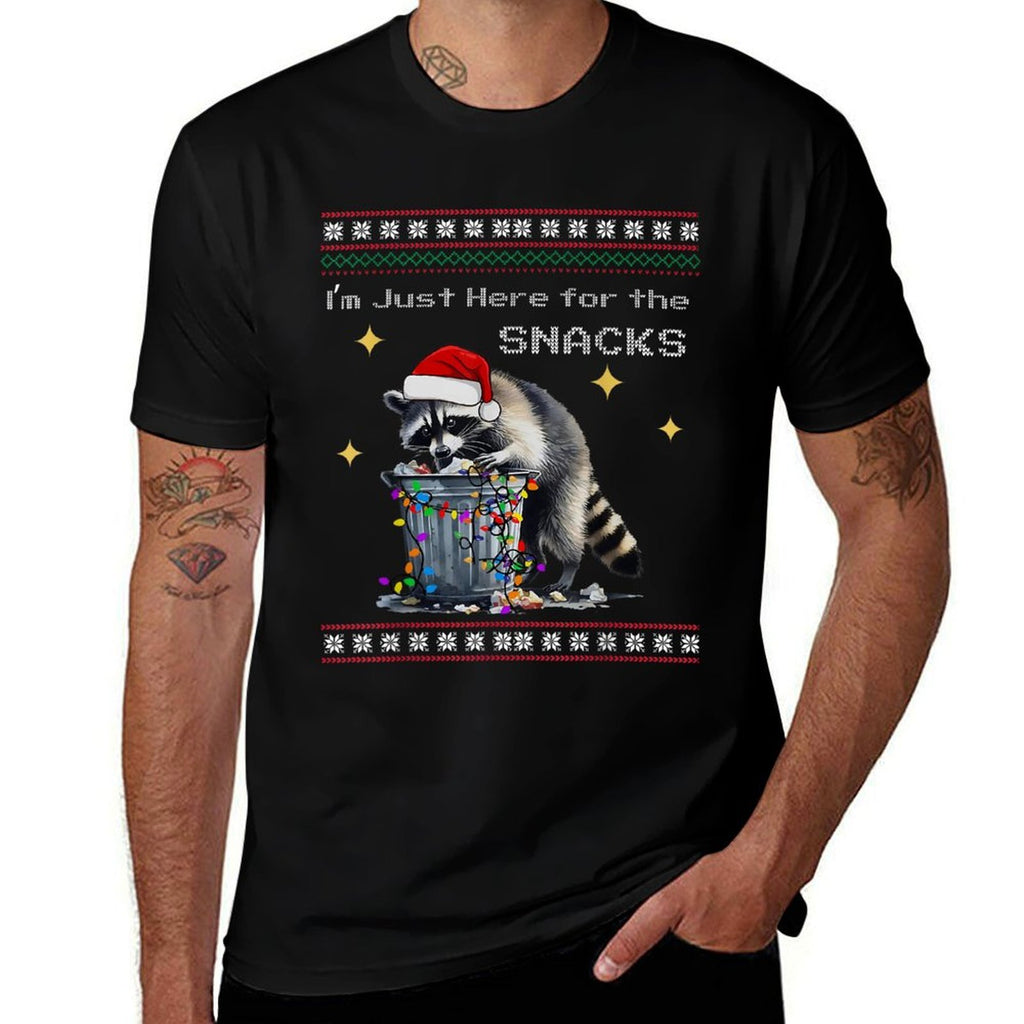 Im Just Here for The Snacks Raccoon Xmas Lights Christmas  Ribbed Collar T-Shirt