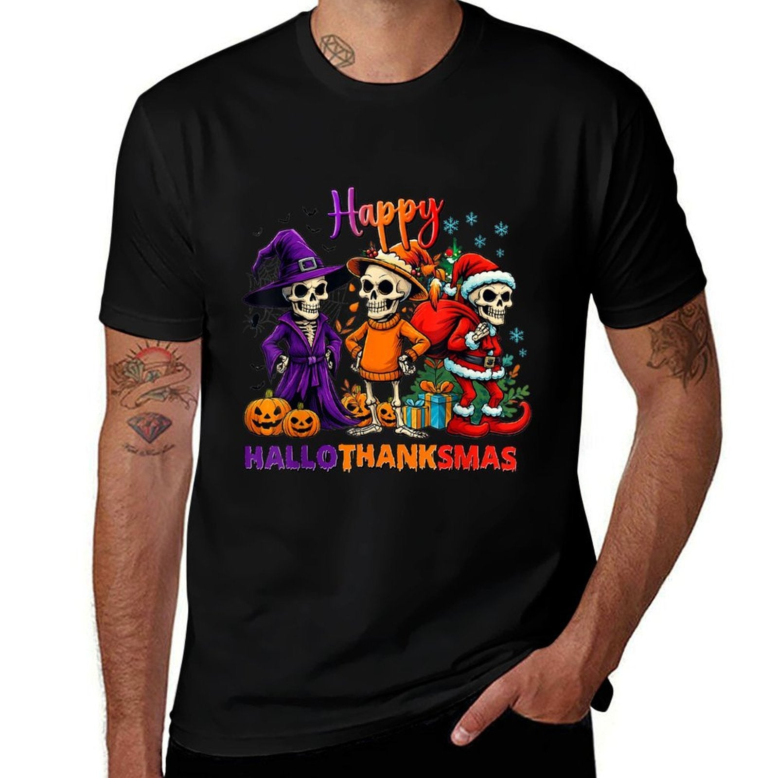 Funny Happy Hallothanksmas Skeleton For Men Women Kids  Vintage-inspired T-Shirt