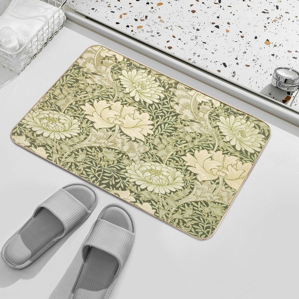 William Morris Vintage Green And White Chrysanthemum Floral Pattern  Non-Slip Bath Mat