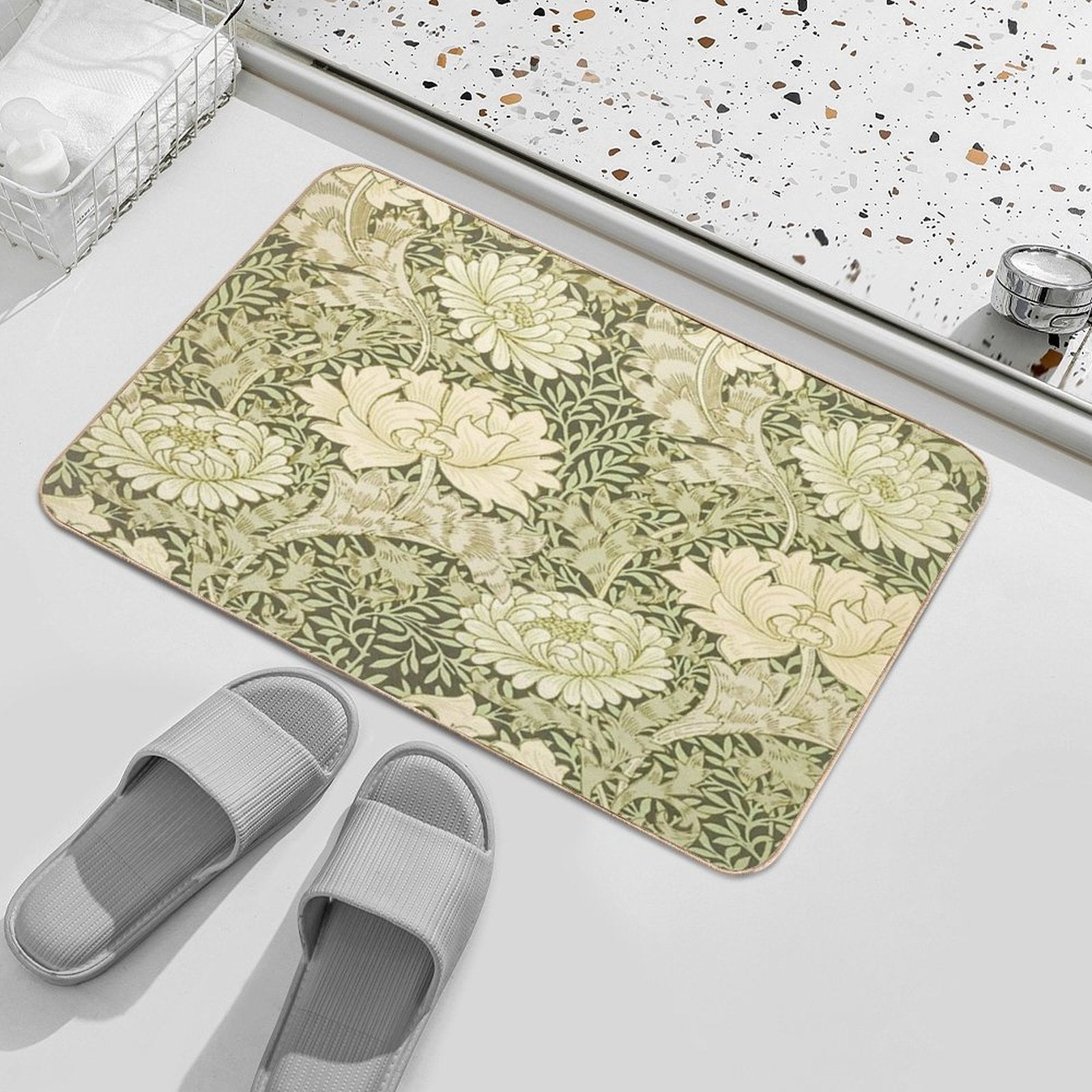 William Morris Vintage Green And White Chrysanthemum Floral Pattern  Non-Slip Bath Mat