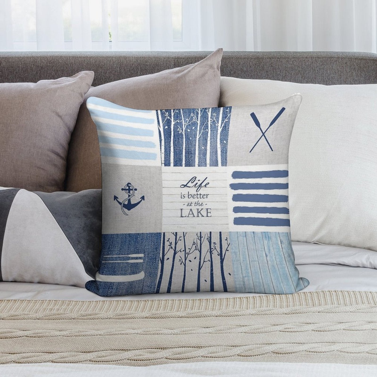 Life Is Better at The Lake Patchwork Soft Fade-Resistant Throw Pillow