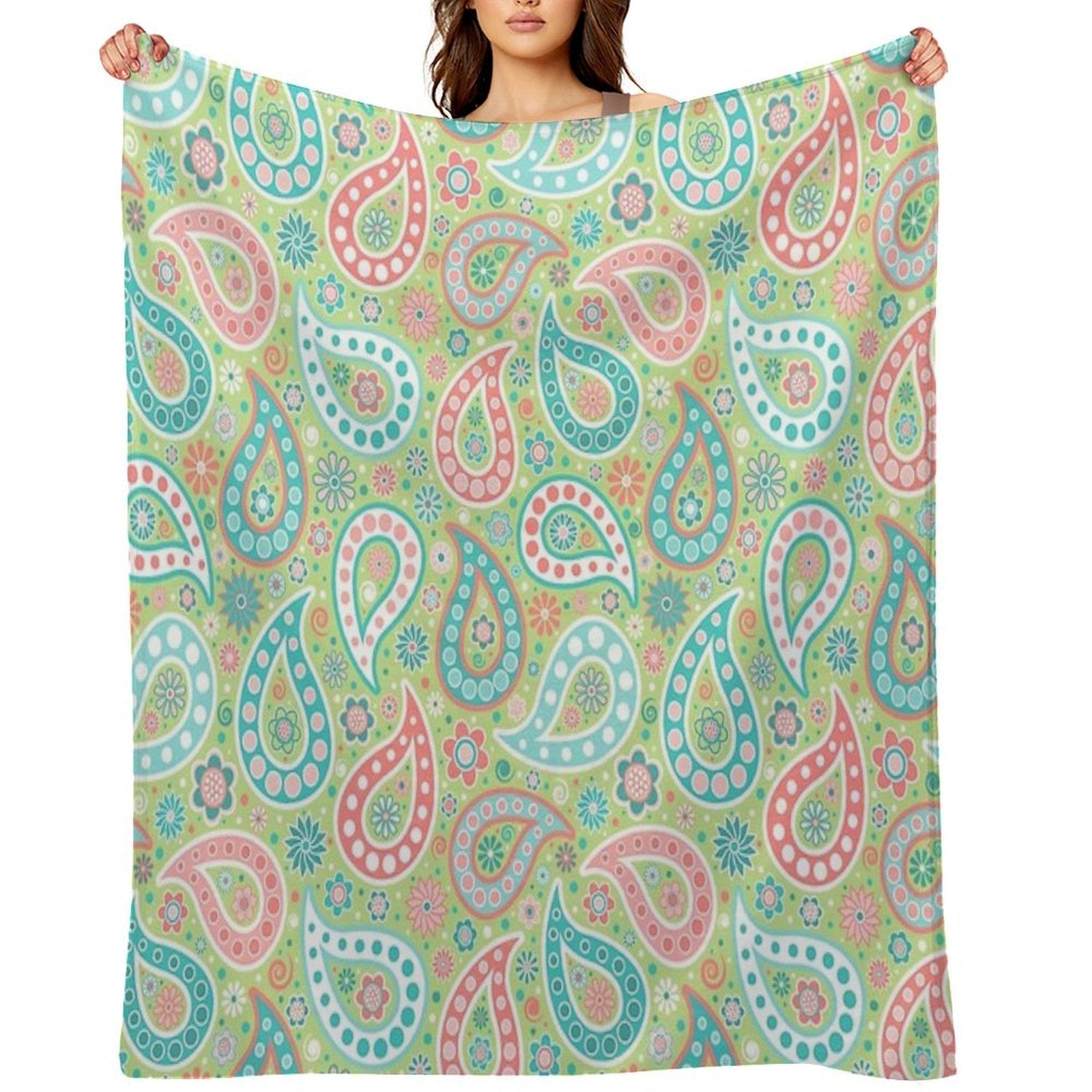 Paisley in Green, Turquoise Blue, Coral Pink And White Lightweight Throw Blanket