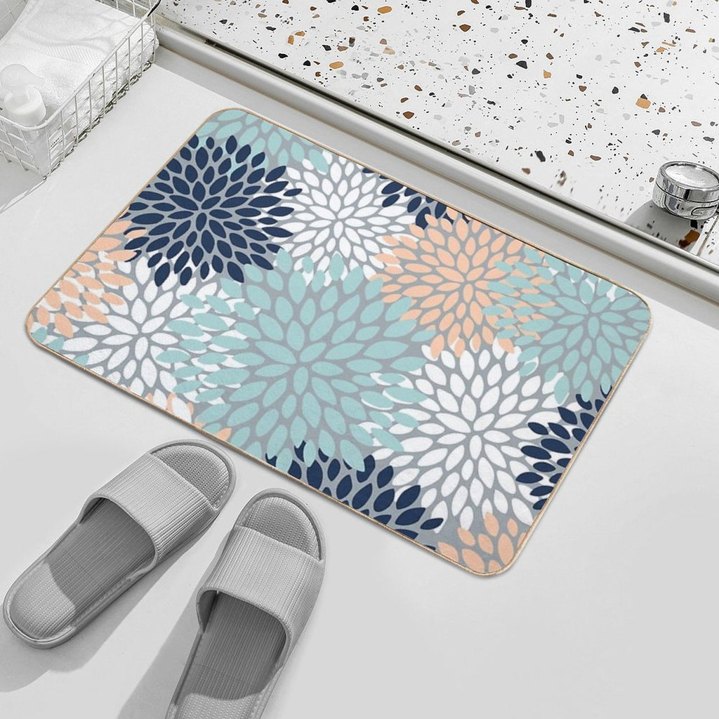 Floral Bloom, Navy, Peach, Aqua, Gray  Rapid-Drying Bath Mat