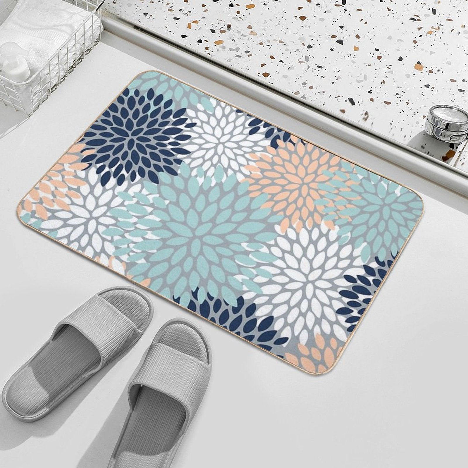 Floral Bloom, Navy, Peach, Aqua, Gray  Rapid-Drying Bath Mat
