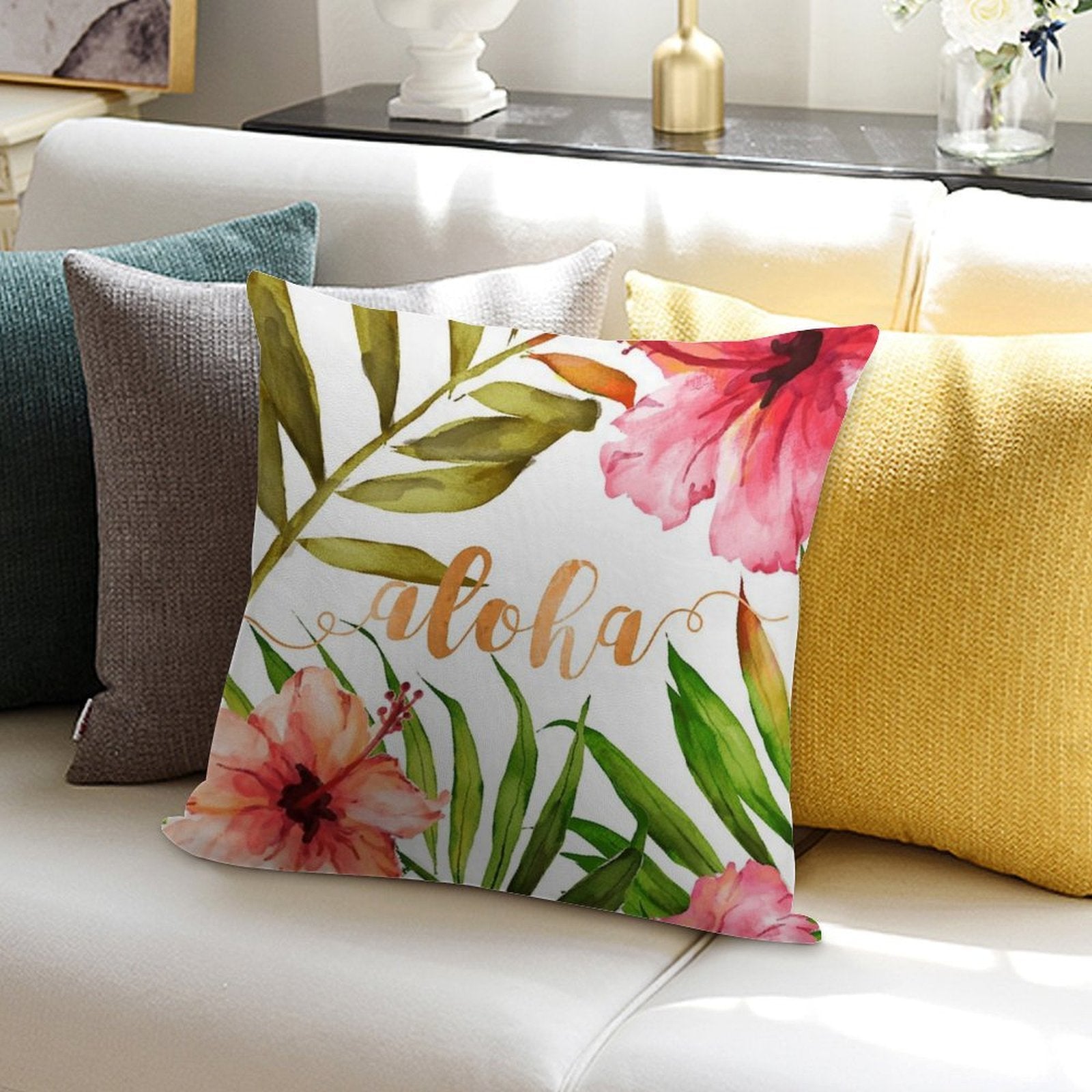 Aloha Tropical Hawaiian Floral Watercolor Soft Luxury Feel Throw Pillow