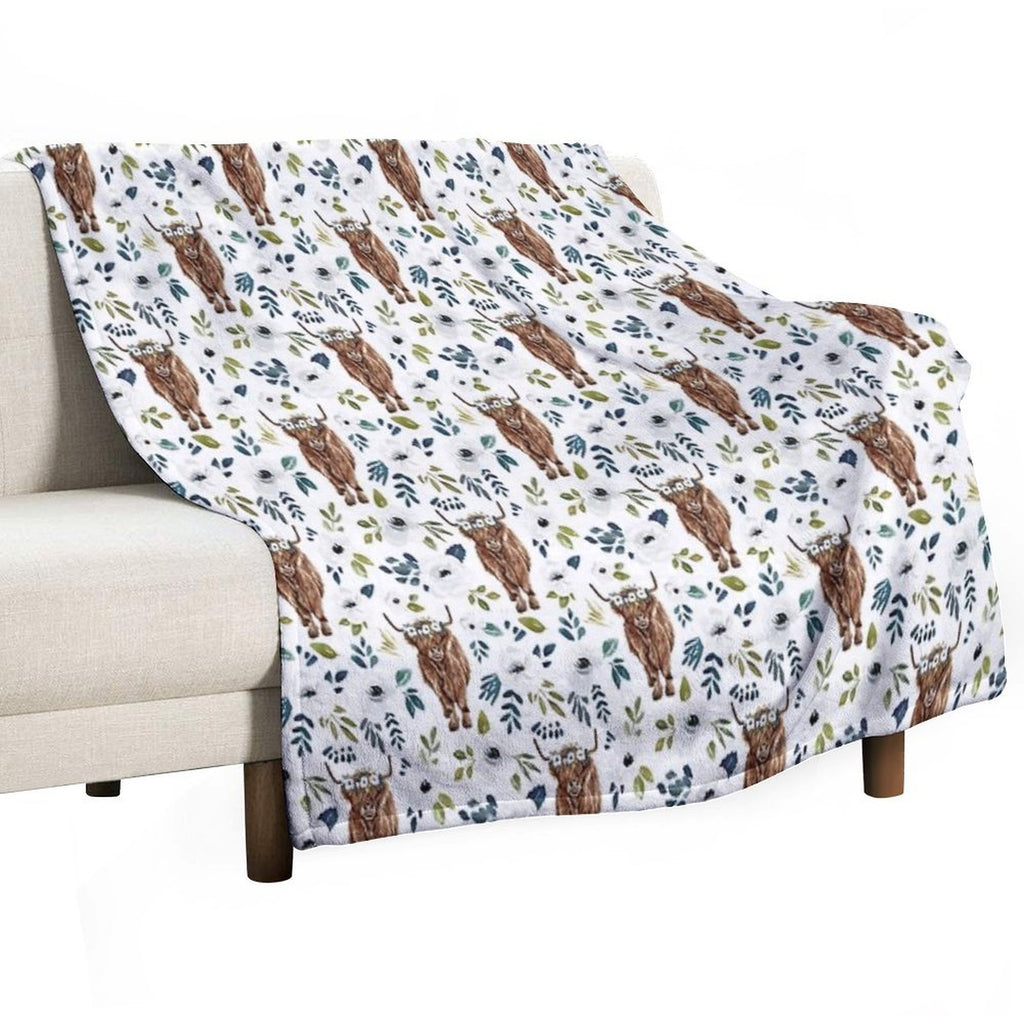 Highland Cow, Floral, Floral Crown, Cow Painting, Farmhouse Decor Shrink-resistant Throw Blanket