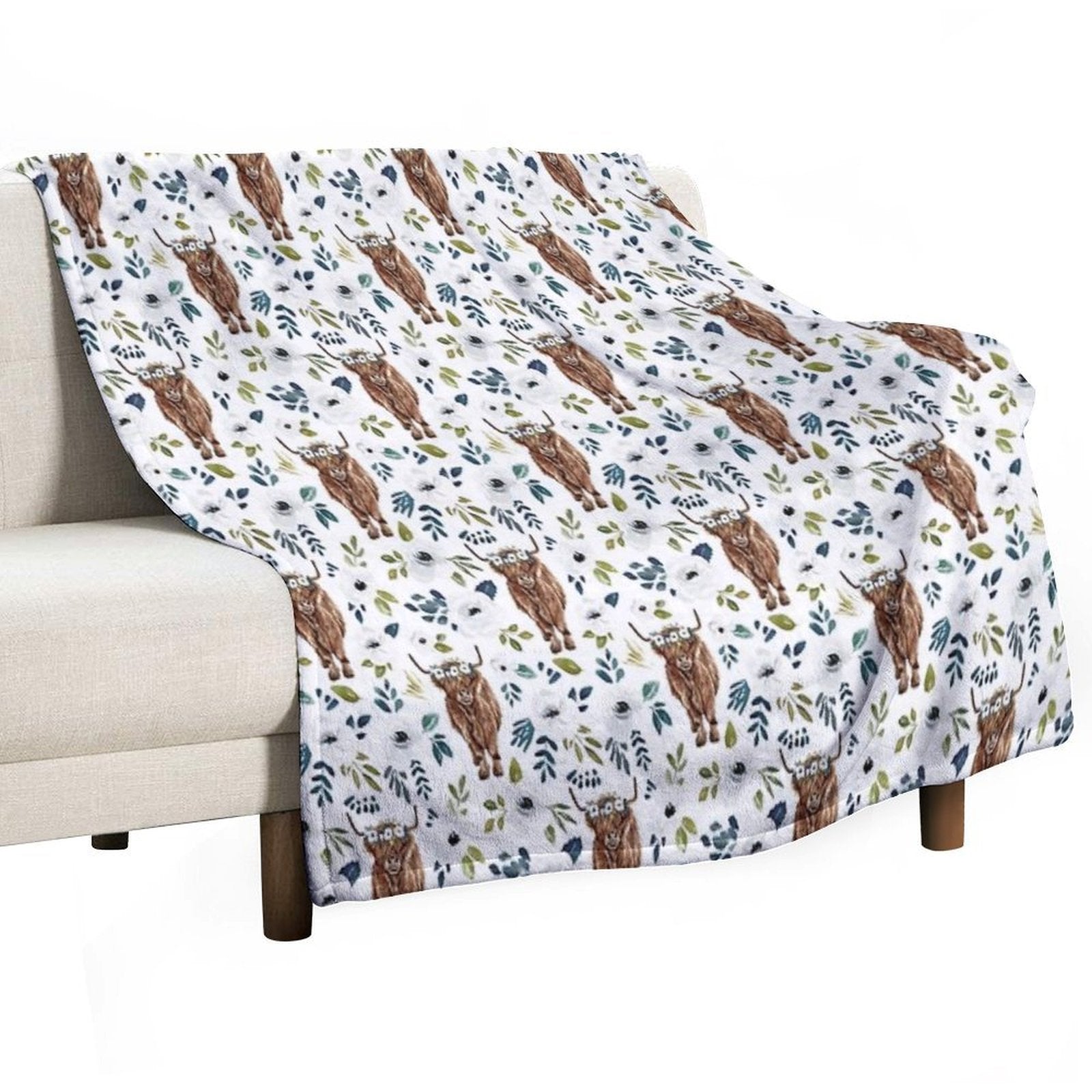 Highland Cow, Floral, Floral Crown, Cow Painting, Farmhouse Decor Shrink-resistant Throw Blanket