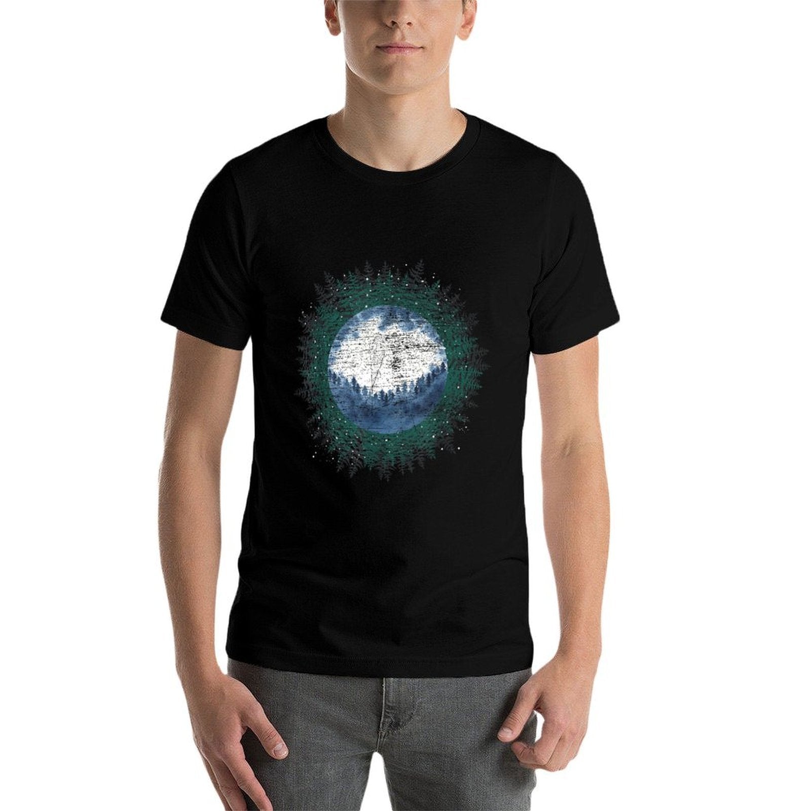 Moonlight Outdoor Wild Trees Wildlife Forest Moon Nature  Rolled Sleeves T-Shirt