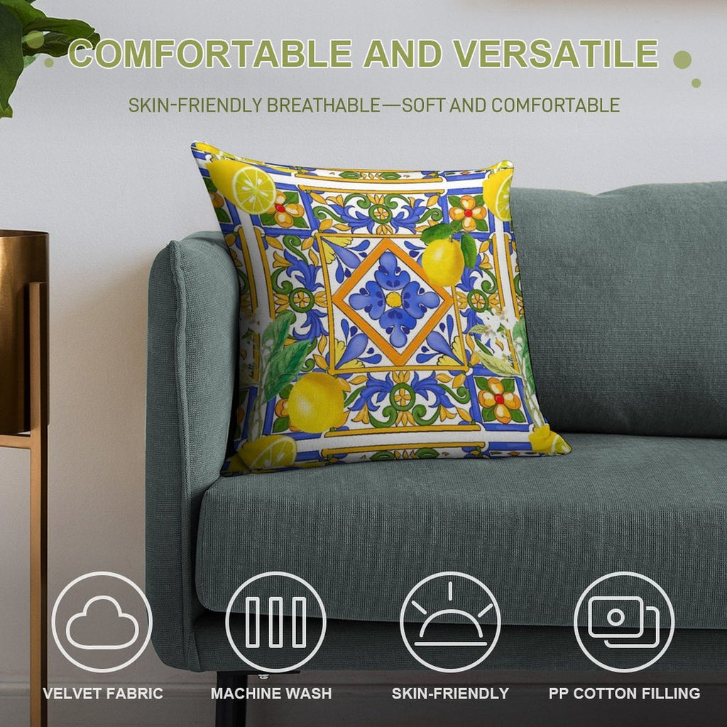 Summer ,Sicilian Tiles ,citrus,oranges,majolica,lemons ,Mediterranean Soft Easy Maintenance Throw Pillow