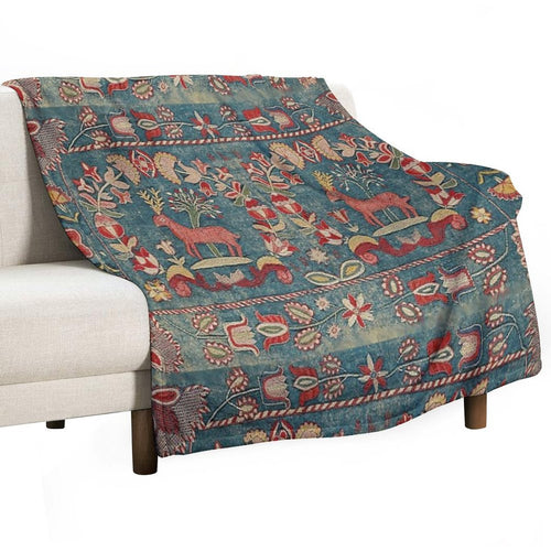 ANTIQUE  RED BLUE SWEDISH TAPESTRY WITH DEERS AND FLOWERS All-season Throw Blanket
