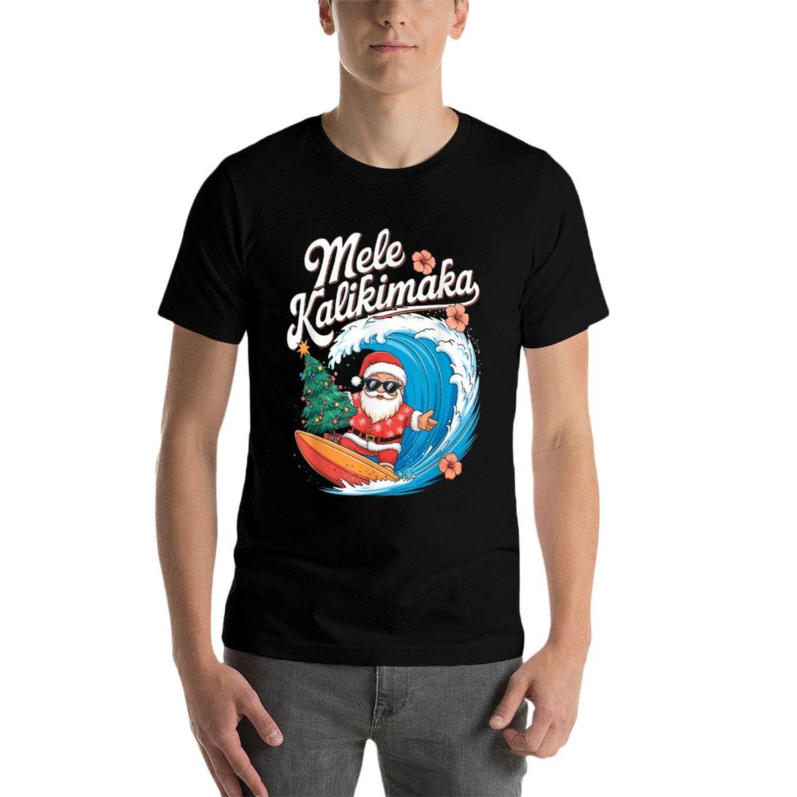 Vintage Cute Mele Kalikimaka Christmas Santa Surfing Costume  Graphic-printed T-Shirt