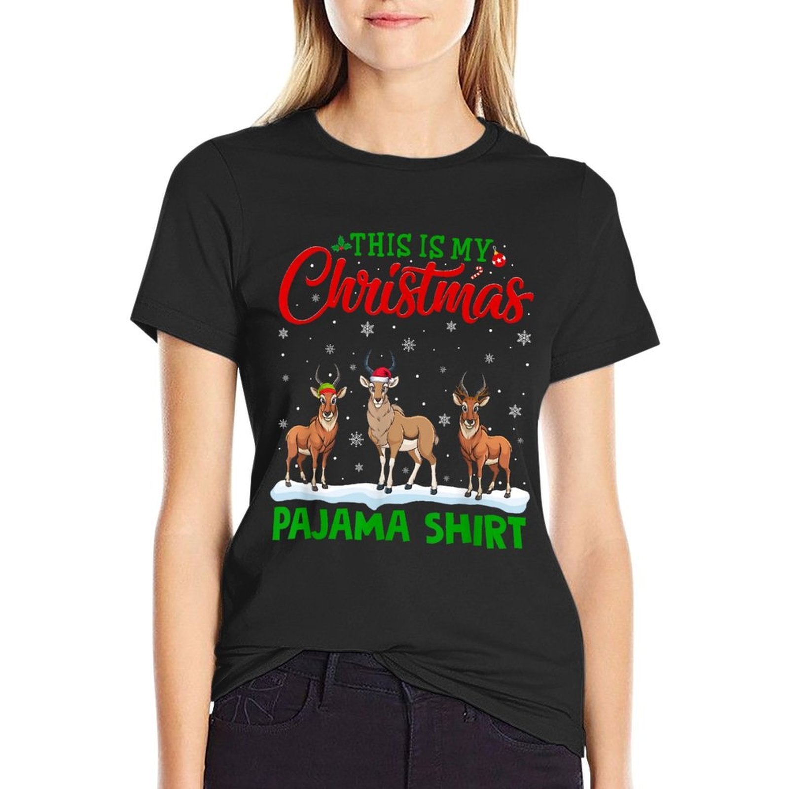 Xmas Santa Hat Reindeer Antelope Christmas Pajama  Versatile T-Shirt