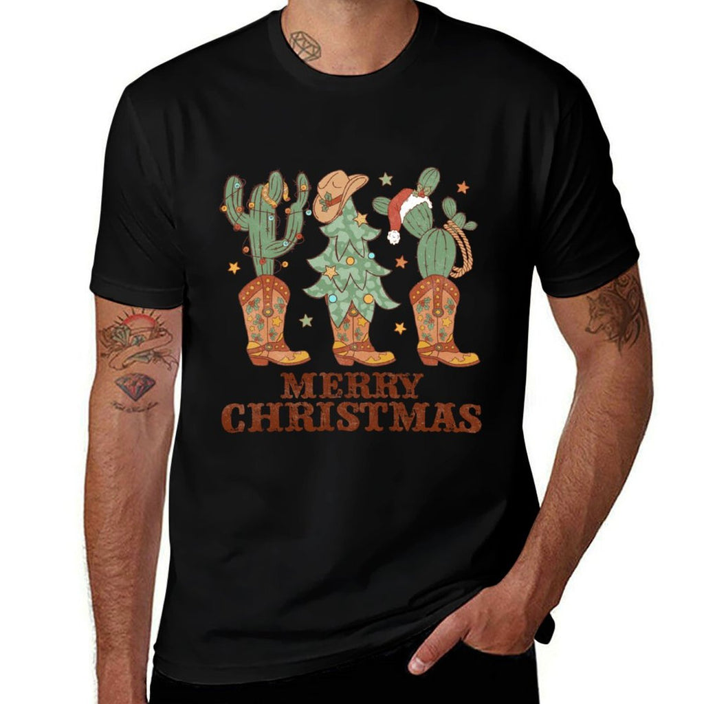 Merry Christmas Western Boots Trees Cactus Retro Hat Sweatshirt  Heathered Texture T-Shirt