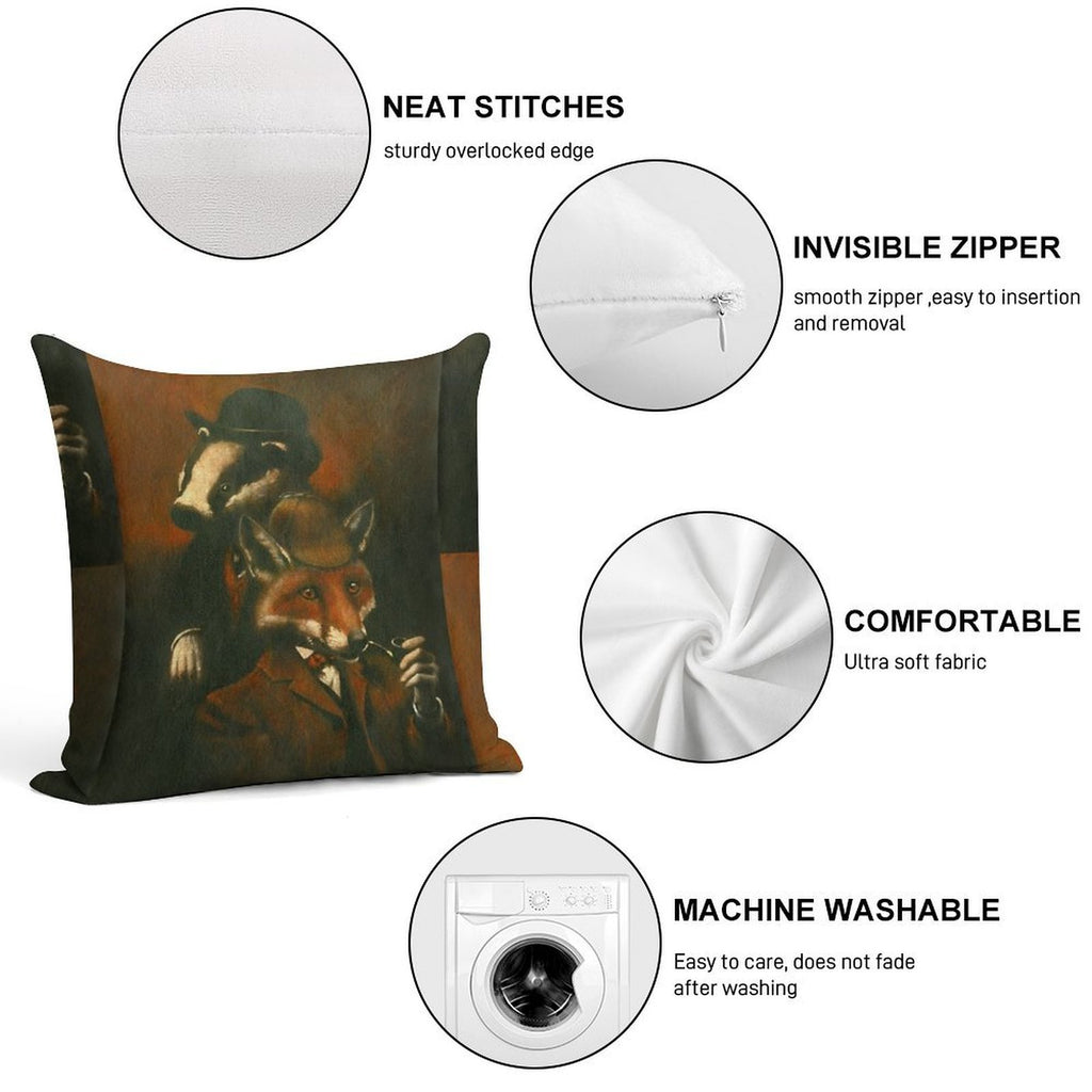 Fox And Badger Holmes And Watson Soft Hidden Zipper Throw Pillow