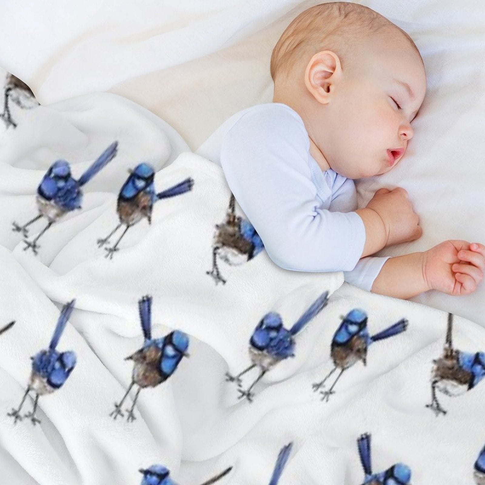 Blue Wrens, Scattered on White Travel-friendly Throw Blanket