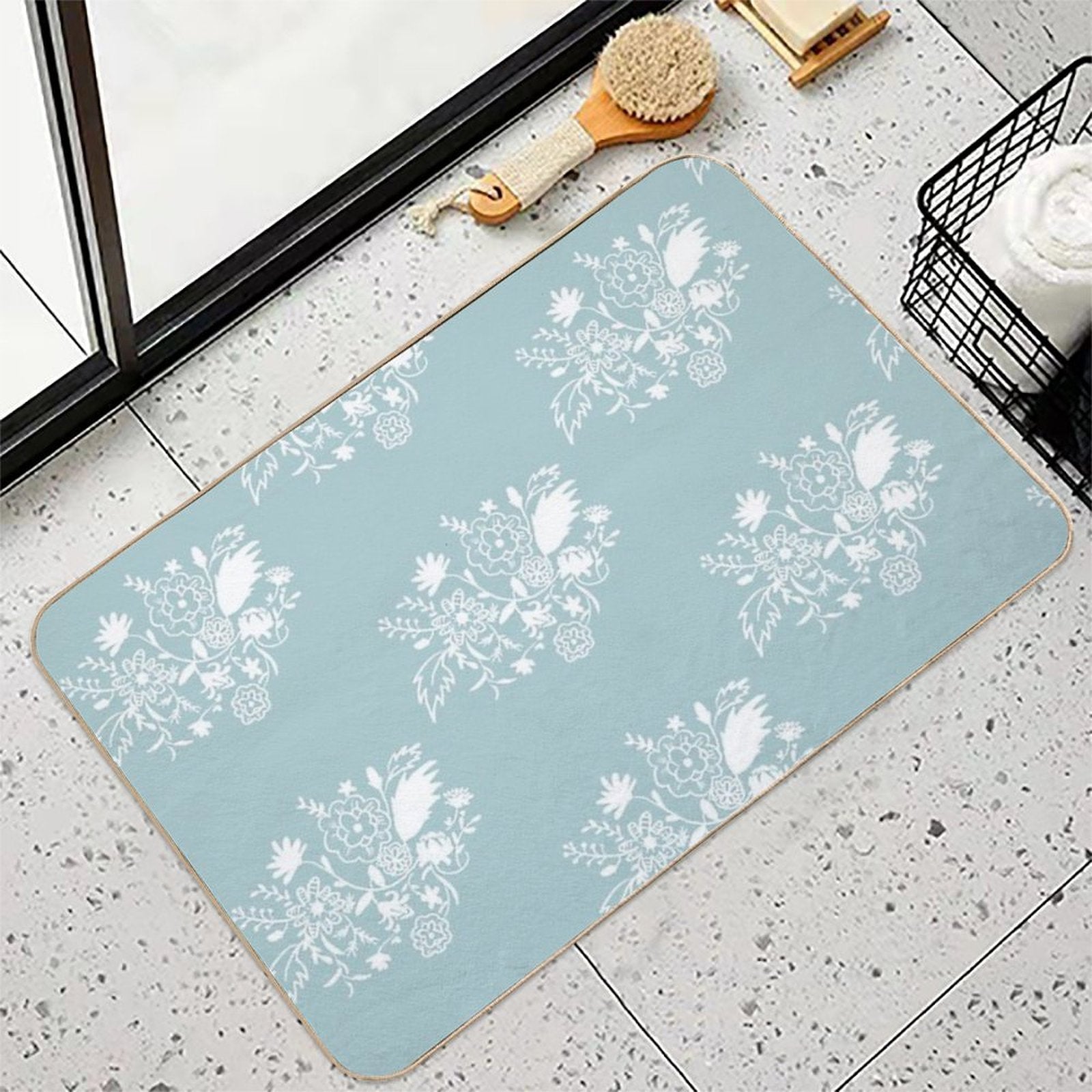 White Abstract Floral Patterns with Sky Blue Background  Toxin-Free Bath Mat