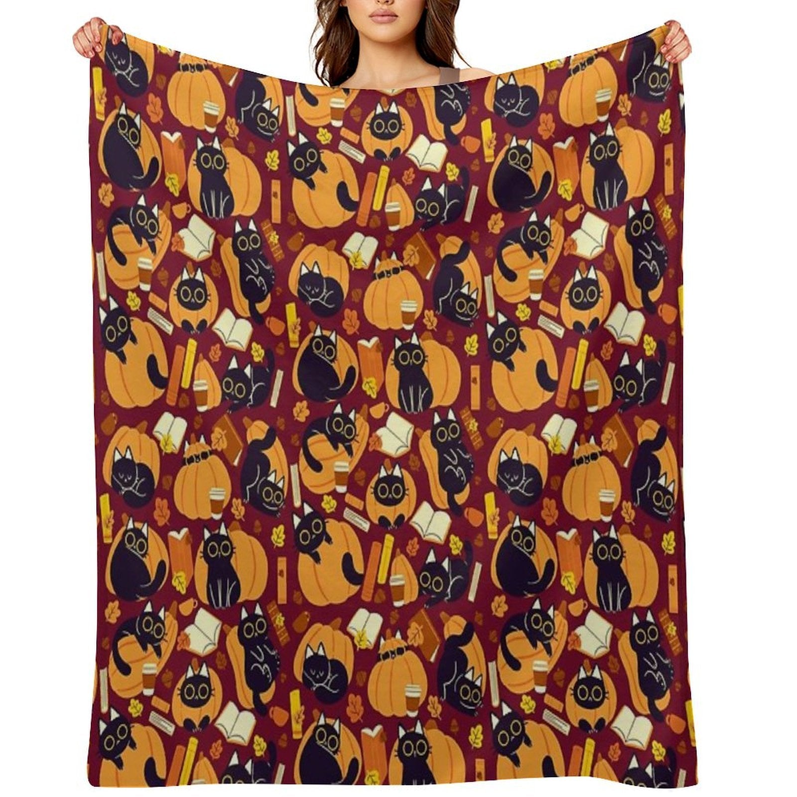 Cats, Pumpkins And Books Machine-washable Throw Blanket