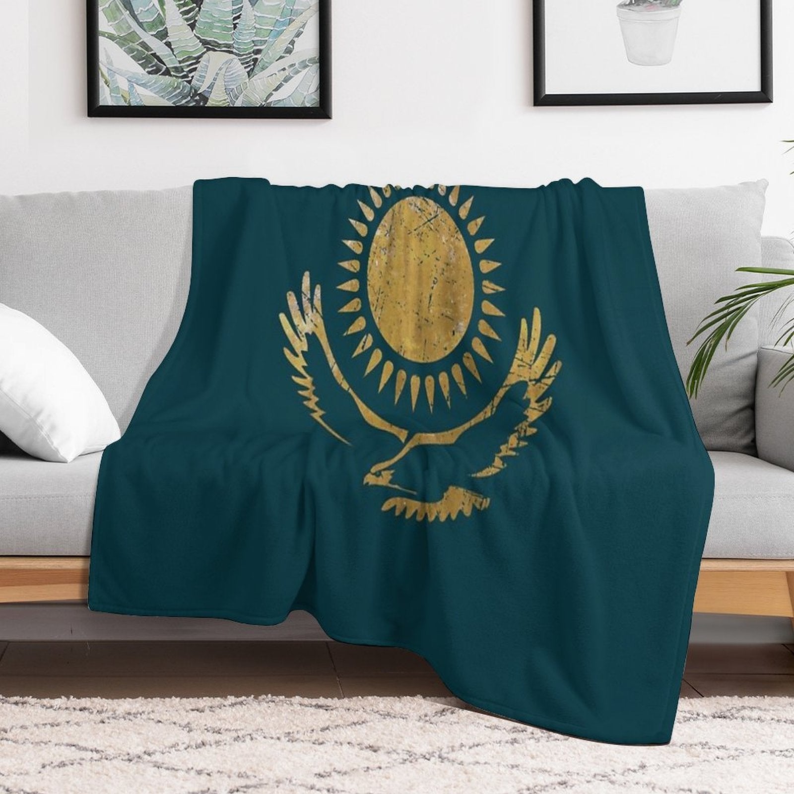 Kazakhstan Emblem - Vintage Gold Eco-conscious Throw Blanket