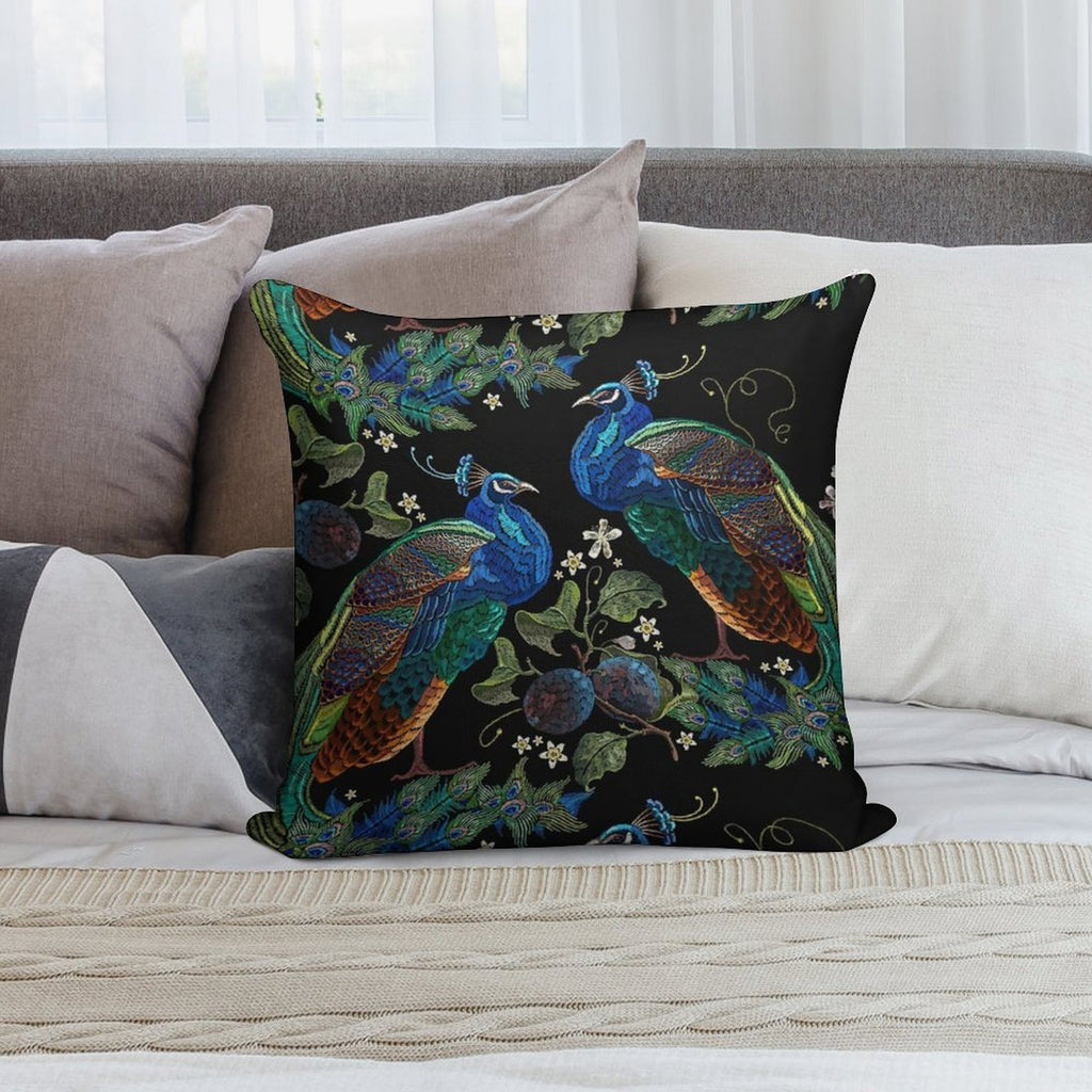 Embroidery Peacocks Soft Washable Throw Pillow