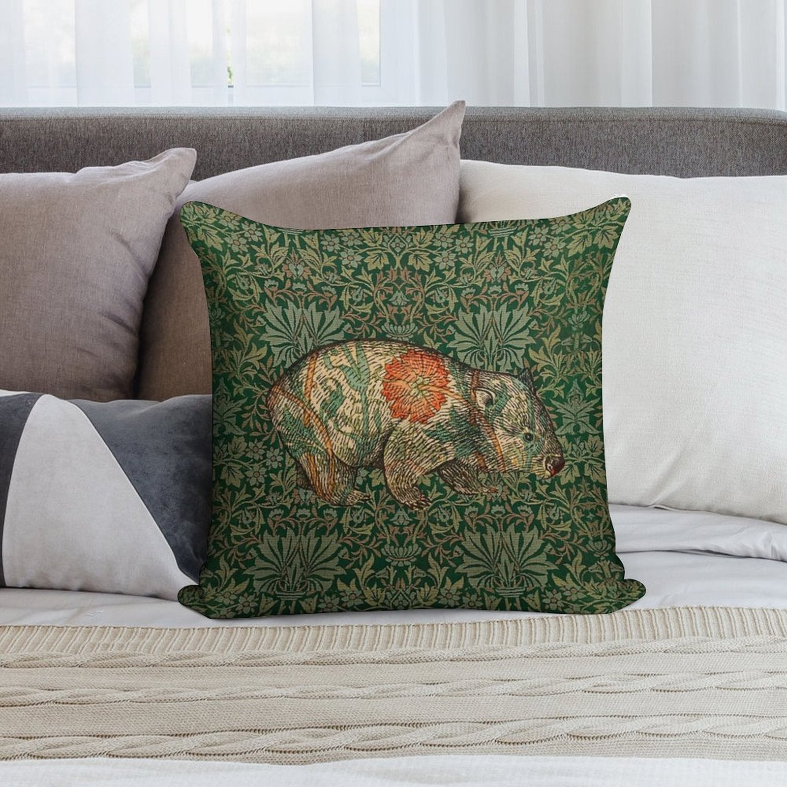 Rossetti's Wombat in Green Flower Garden Soft Multiple Sizes Throw Pillow