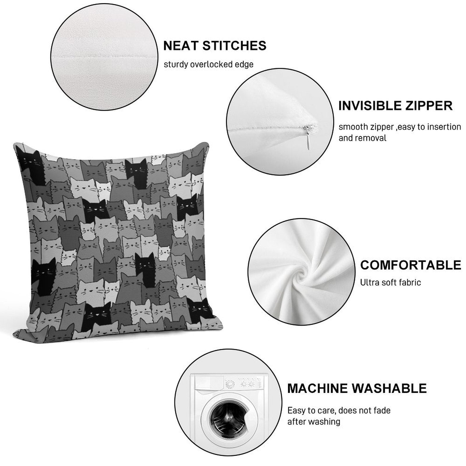 Silent Cats Monochromatic Soft Short Plush Fabric Throw Pillow