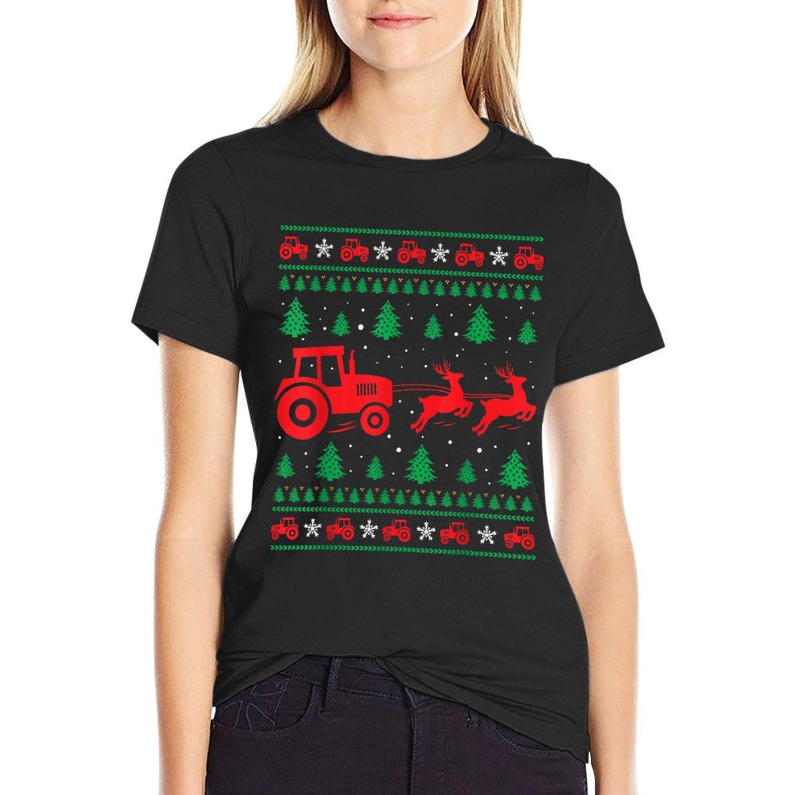 Tractor Riding Reindeers Farmers Ugly Christmas Sweater Boys  Breathable T-Shirt