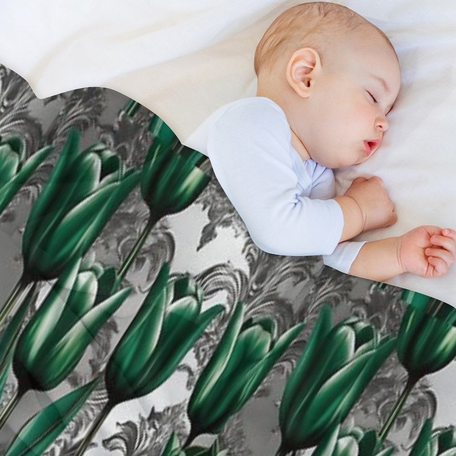 Emerald Green Tulips with Silver Baroque Compact Throw Blanket