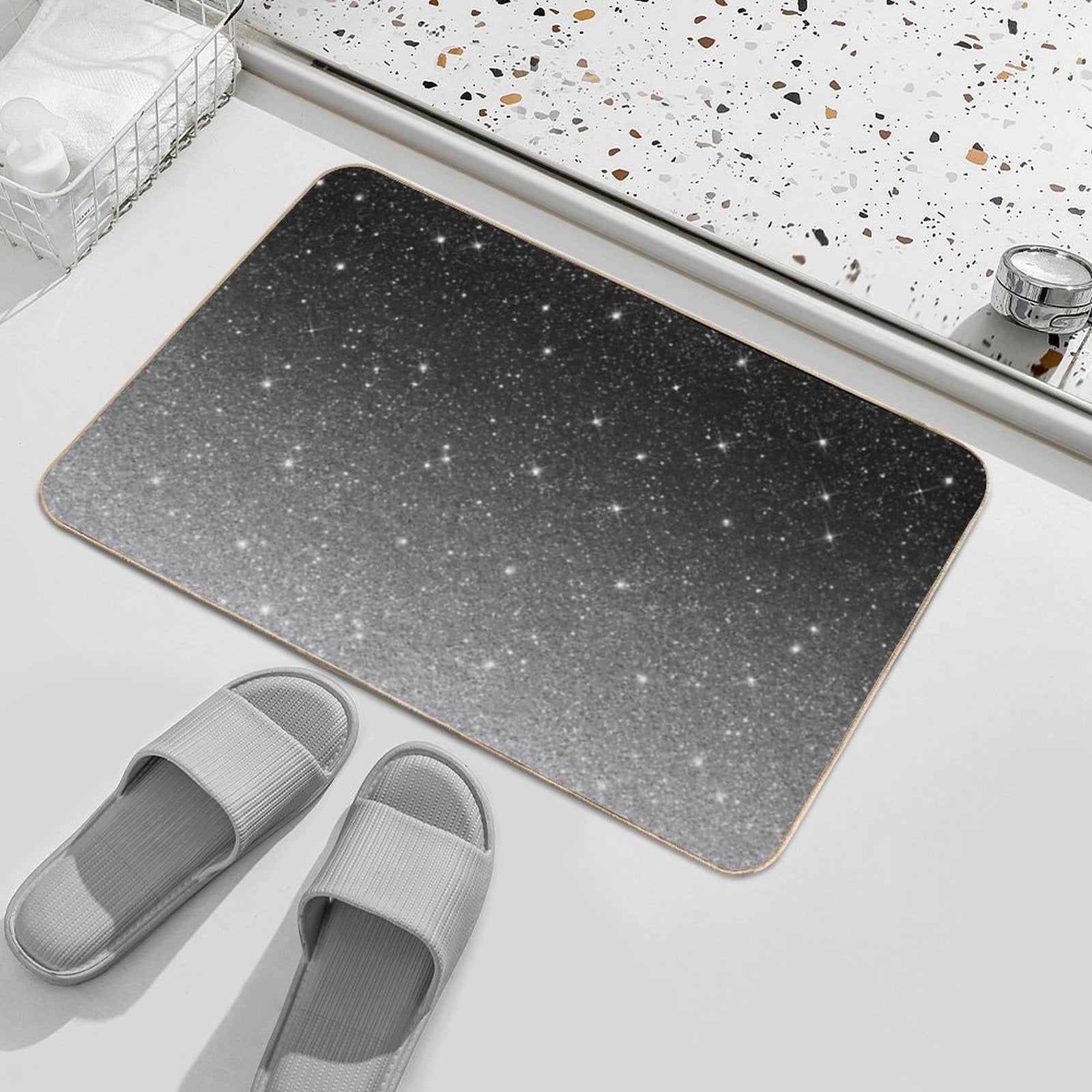 Black Silver Grey Sparkle Ombre Glitter  Easy Maintenance Bath Mat