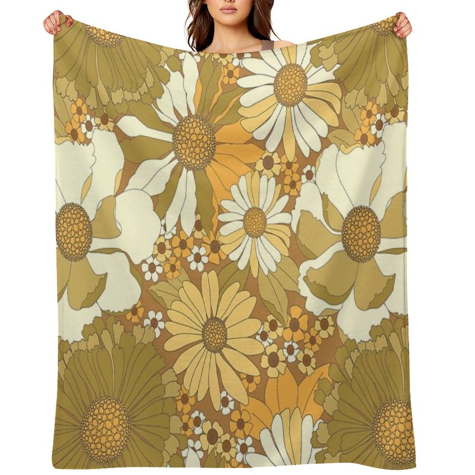 Brown, Orange, Ivory & Green Vintage Flower Pattern Durable Throw Blanket