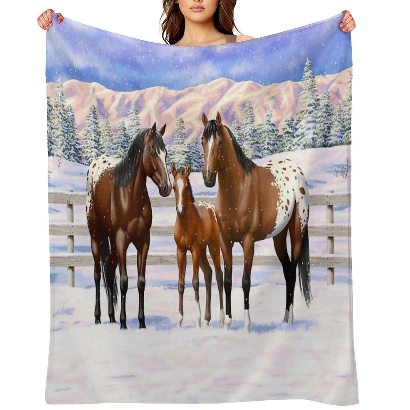 Bay Appaloosa Quarter Horses In Winter Snow Wrinkle-free Throw Blanket