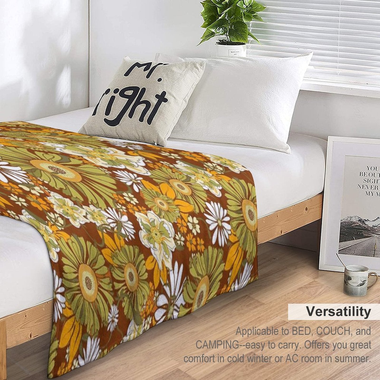 70s Retro Vintage Flower Power Pattern Boho, Orange, Brown, Sustainable Throw Blanket