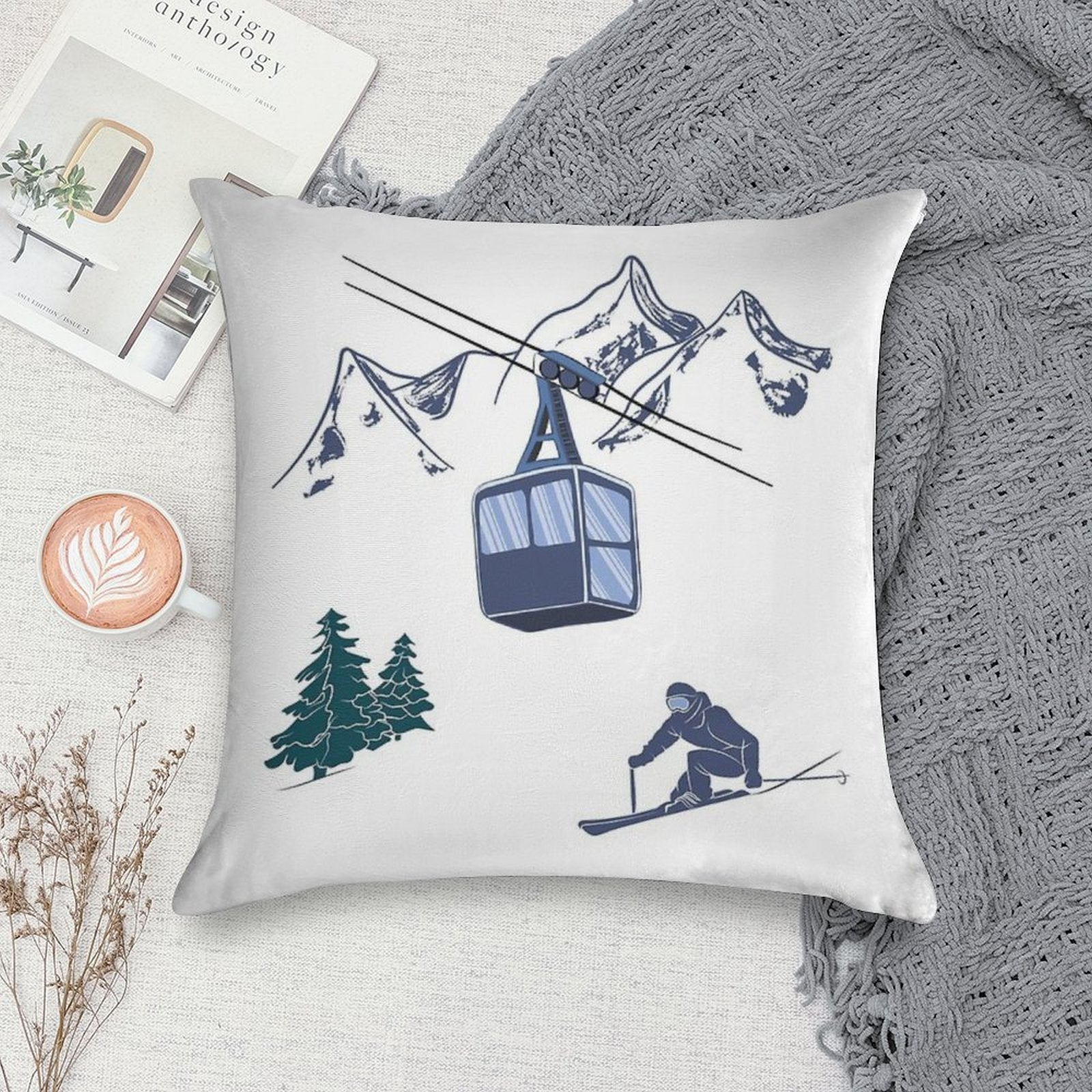 Ski Lift Resort Winter Sports Scene Soft Decorative Cover Throw Pillow