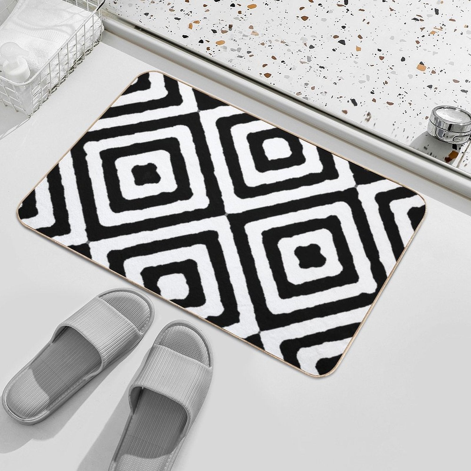 BLACK AND WHITE GEOMETRIC DIAMONDS PATTERN BY OZCUSHIONSTOO  Easy To Clean Bath Mat