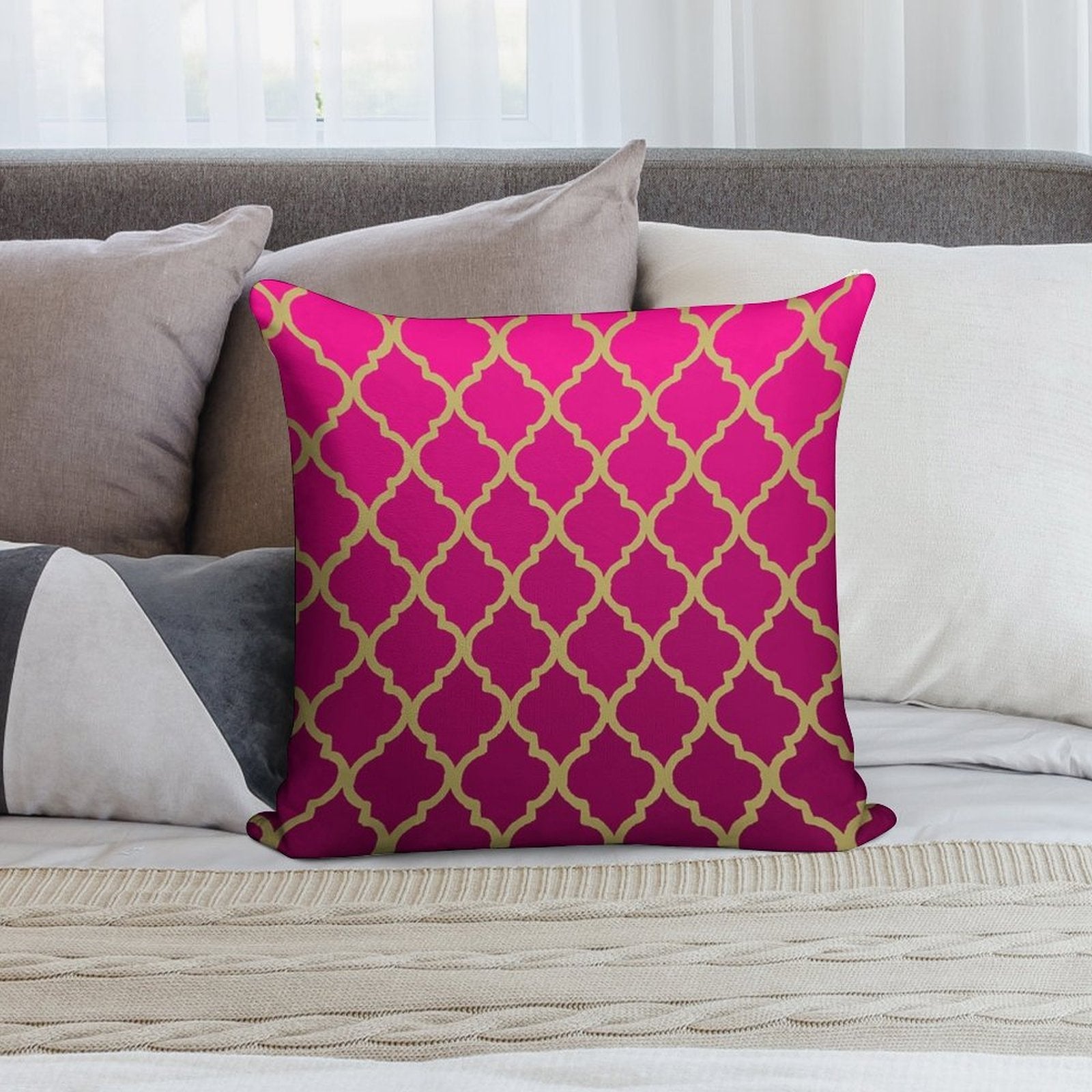 Moroccan Pattern - Pink & Gold Soft Reinforced Edging Throw Pillow