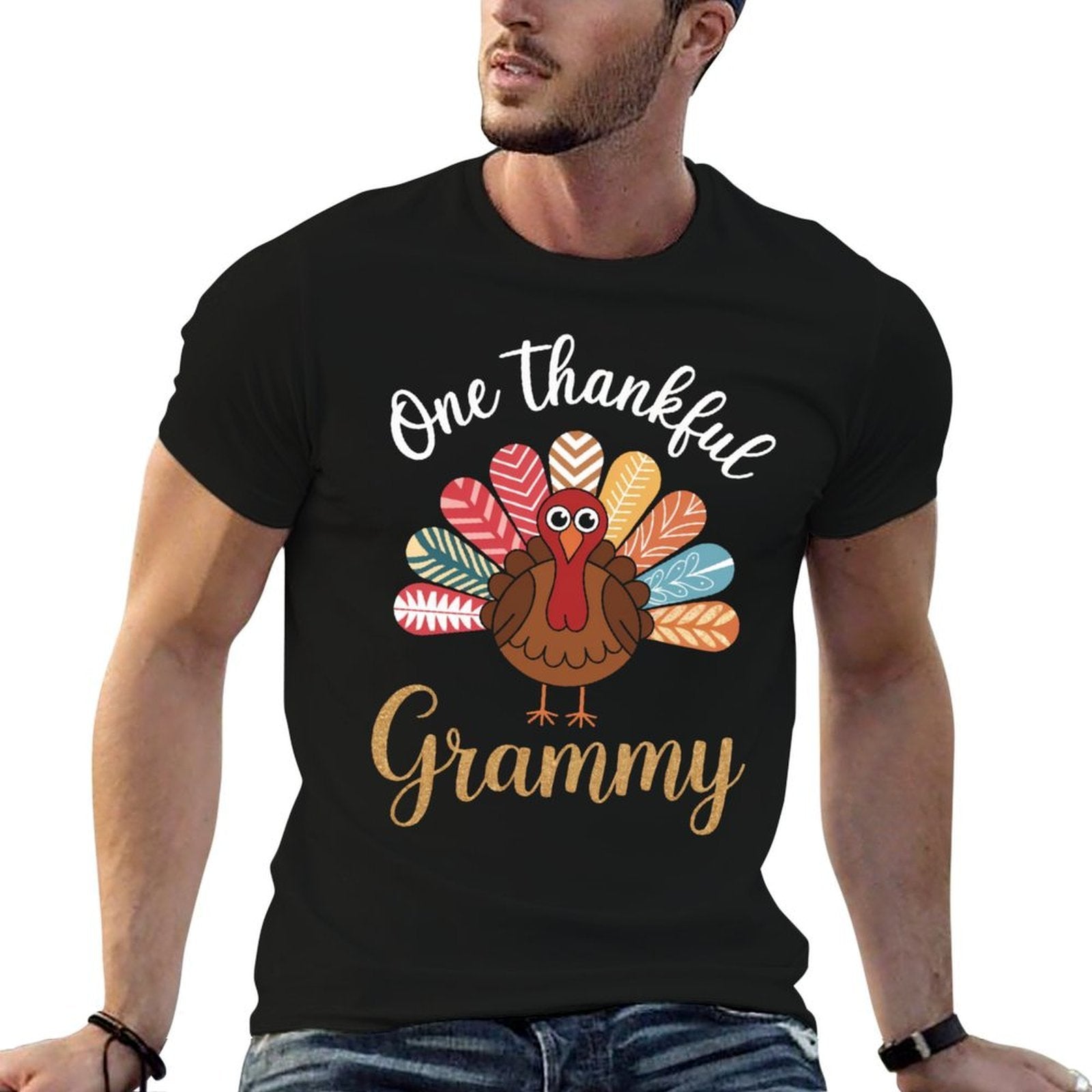Grammy One Thankful Grammy Thanksgiving Christmas Groovy  Rolled Sleeves T-Shirt