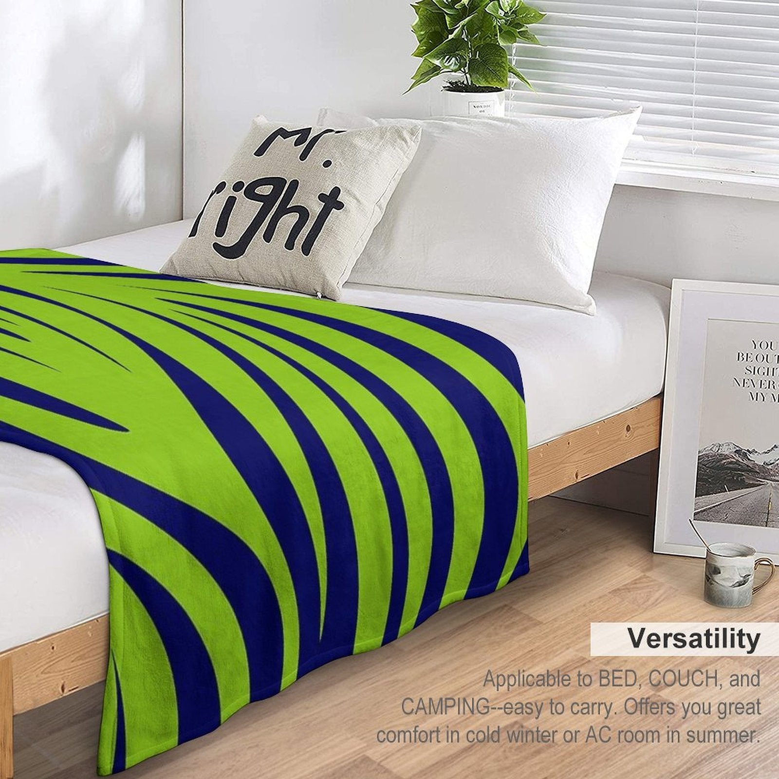 Maldives Abstract Leaves Pattern in Lime Green And Bright Navy Blue Travel-friendly Throw Blanket