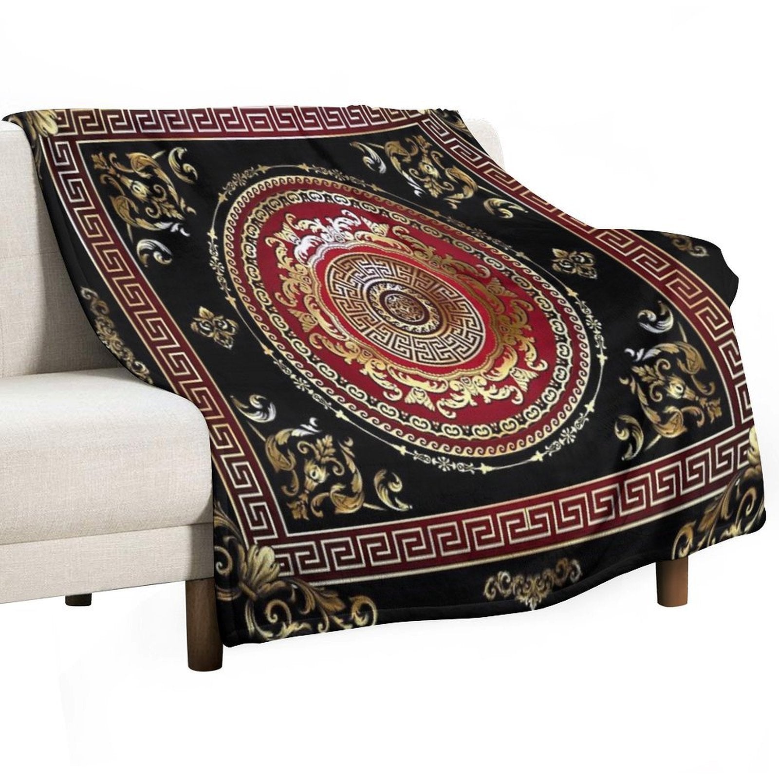 Greek Key Meander Black Gold Red Medallion Baroque Multi-functional Throw Blanket