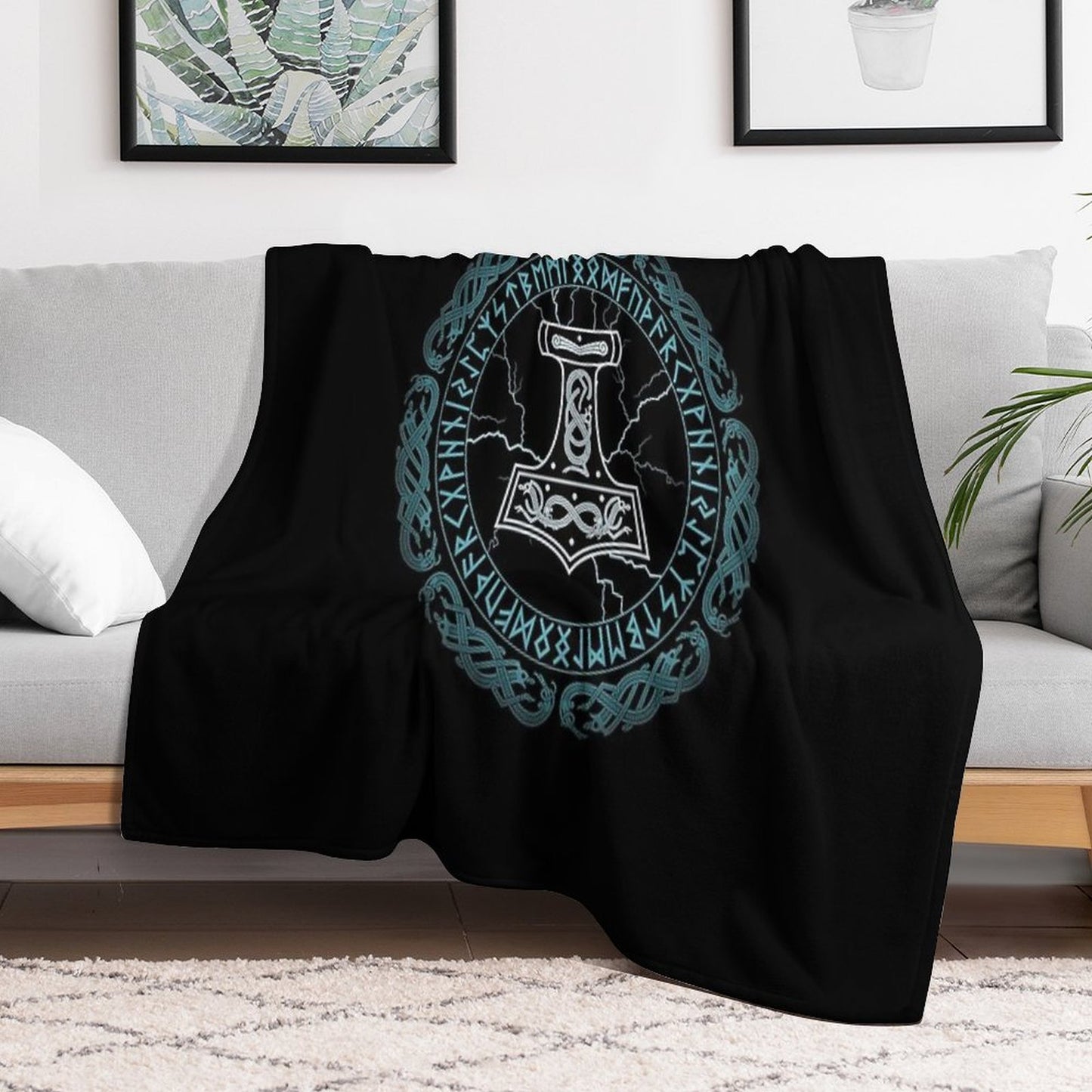 Mjölnir Hammer of Thor Runes Velvety-soft Throw Blanket