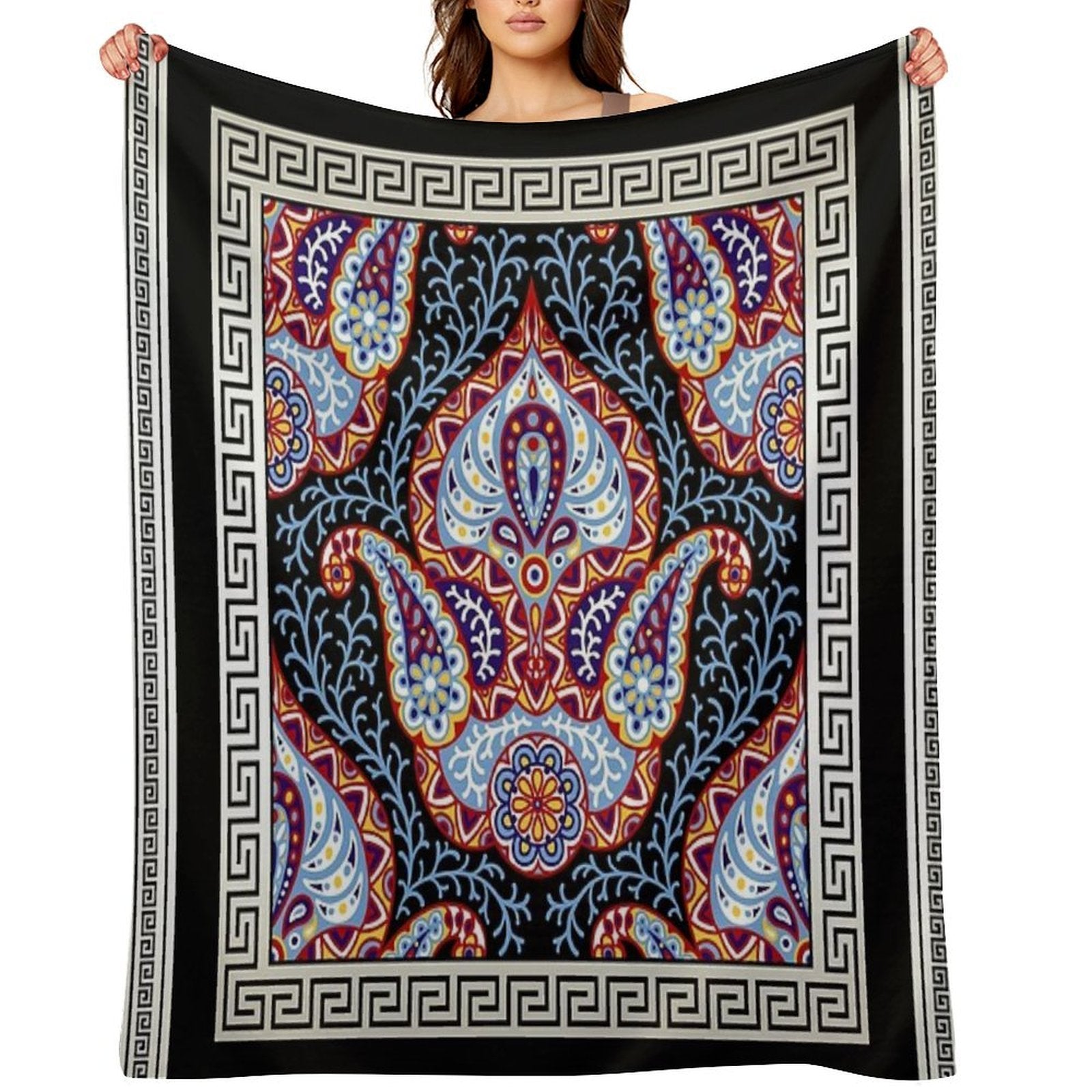 Greek Key Cream White Black Intricate Floral Gift-ready Throw Blanket