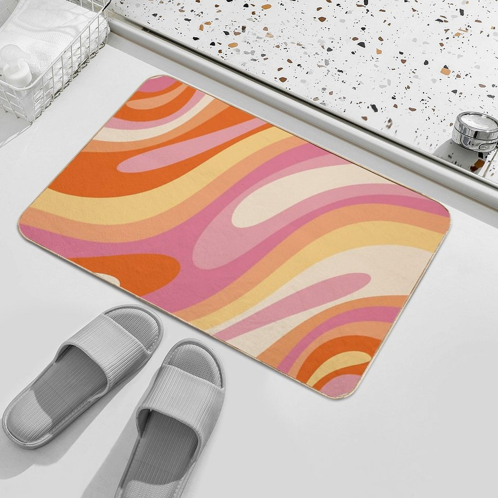 Wavy Loops Retro Abstract Pattern in Retro Orange Yellow Thulian Pink Cream  Easy To Clean Bath Mat