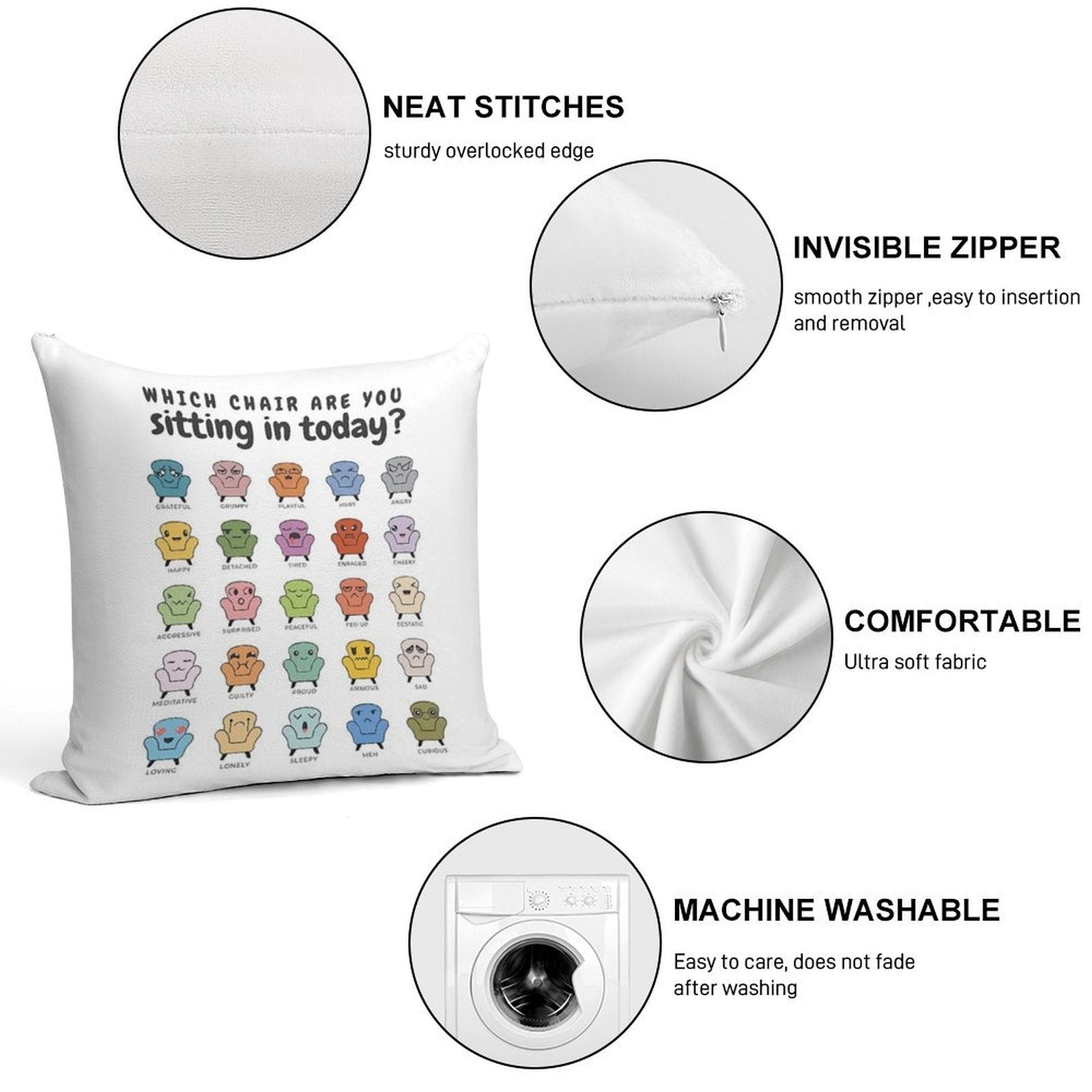 Chair Feelings, Emotions Chart, Mental Health, Therapy Office, Therapist Gift, Counsellor Tools, School Counselor, Mood Chart, S Soft Short Plush Fabric Throw Pillow