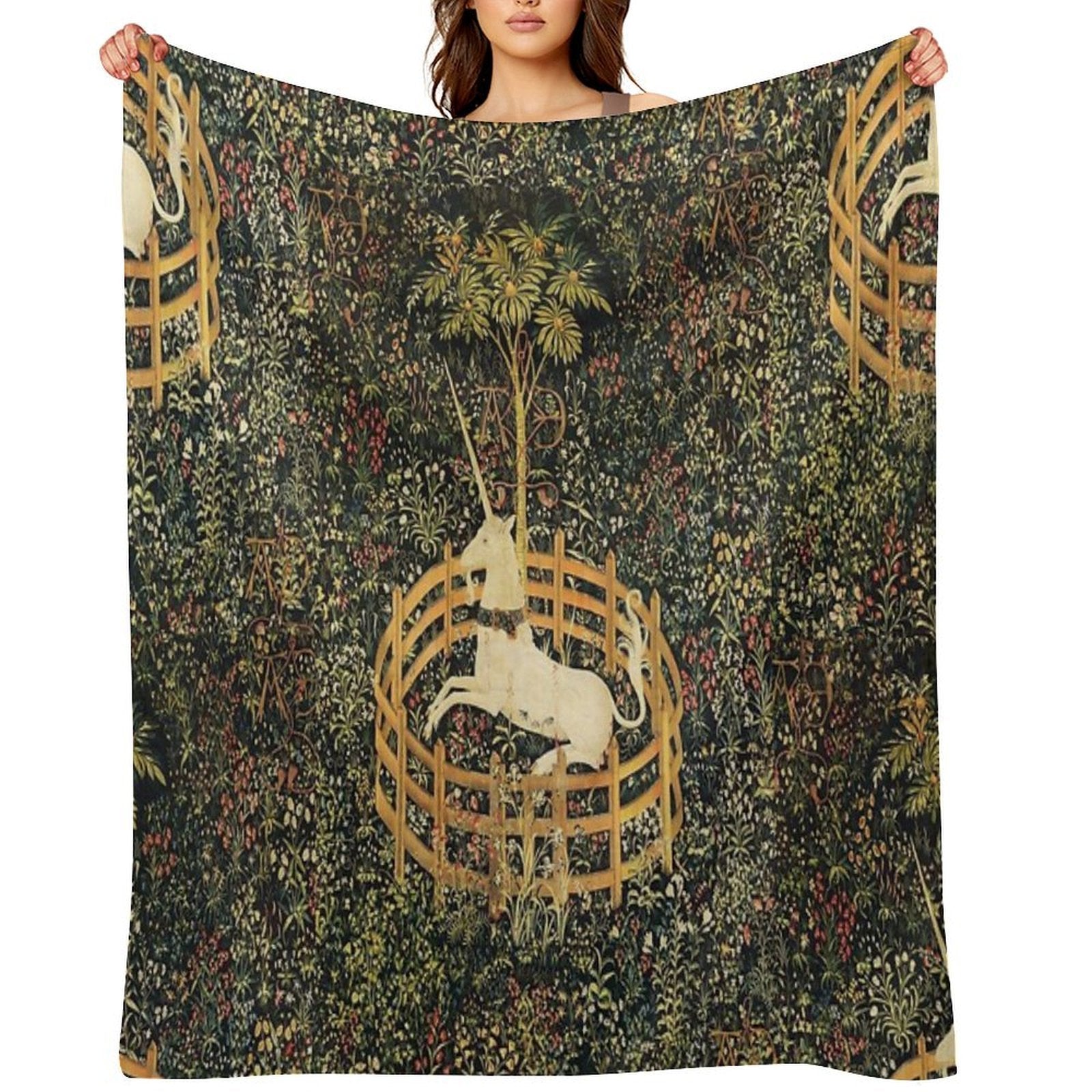UNICORN IN CAPTIVITY AND GOTHIC FANTASY FLOWERS, GREEN FLORAL MOTIFS Travel-friendly Throw Blanket