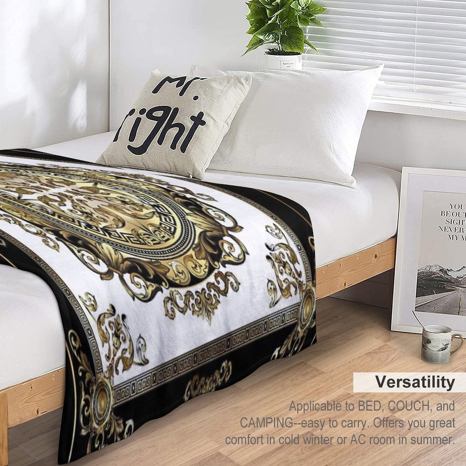 Ornate Baroque White Gold Black Greek Key Meander Compact Throw Blanket