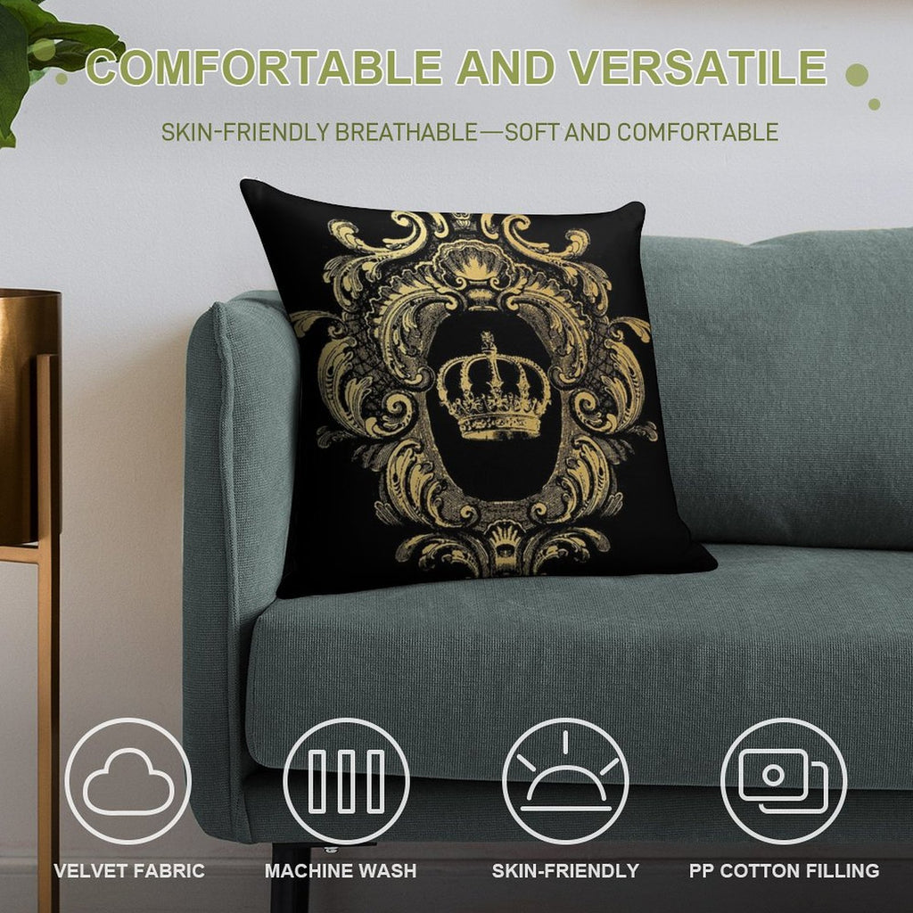 Ornate Gold Crown Black Soft Reinforced Edging Throw Pillow