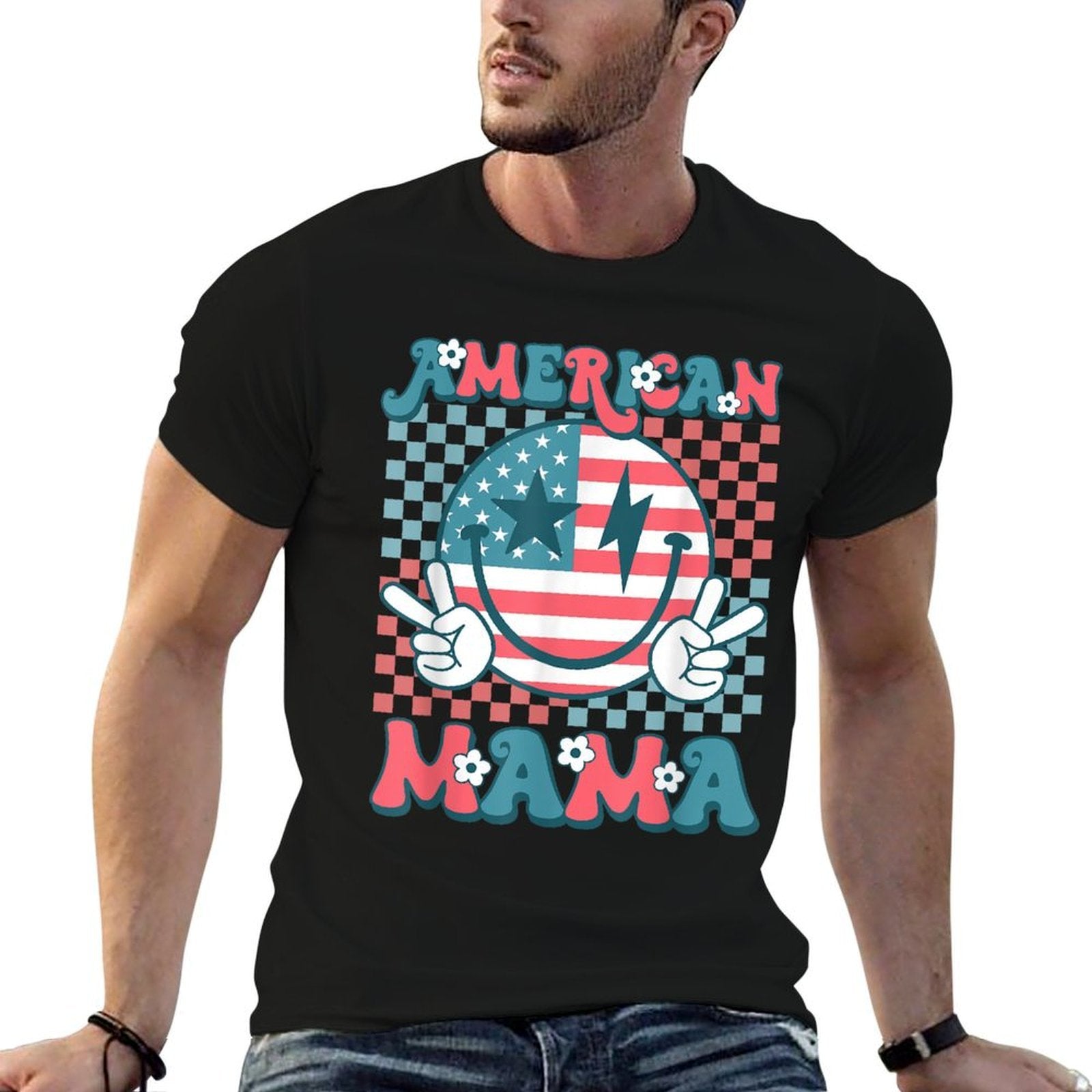 Retro Groovy Fourth 4th of July Smile For Mom American Mama  Breathable T-Shirt